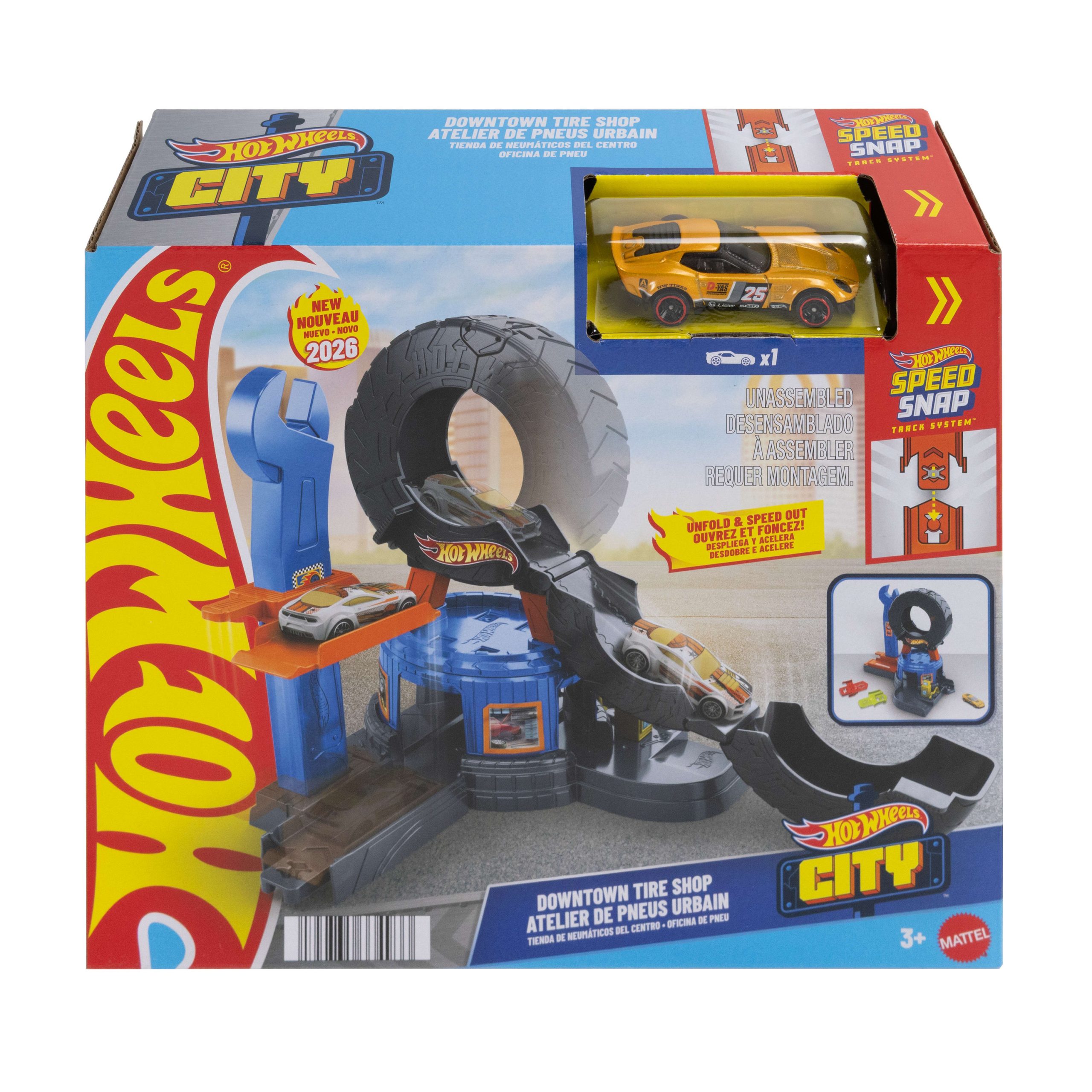 Hot Wheels City Downtown Tire Shop Playset & 1:64 Scale Toy Car. Speed Snap Track Compatible - Image 6