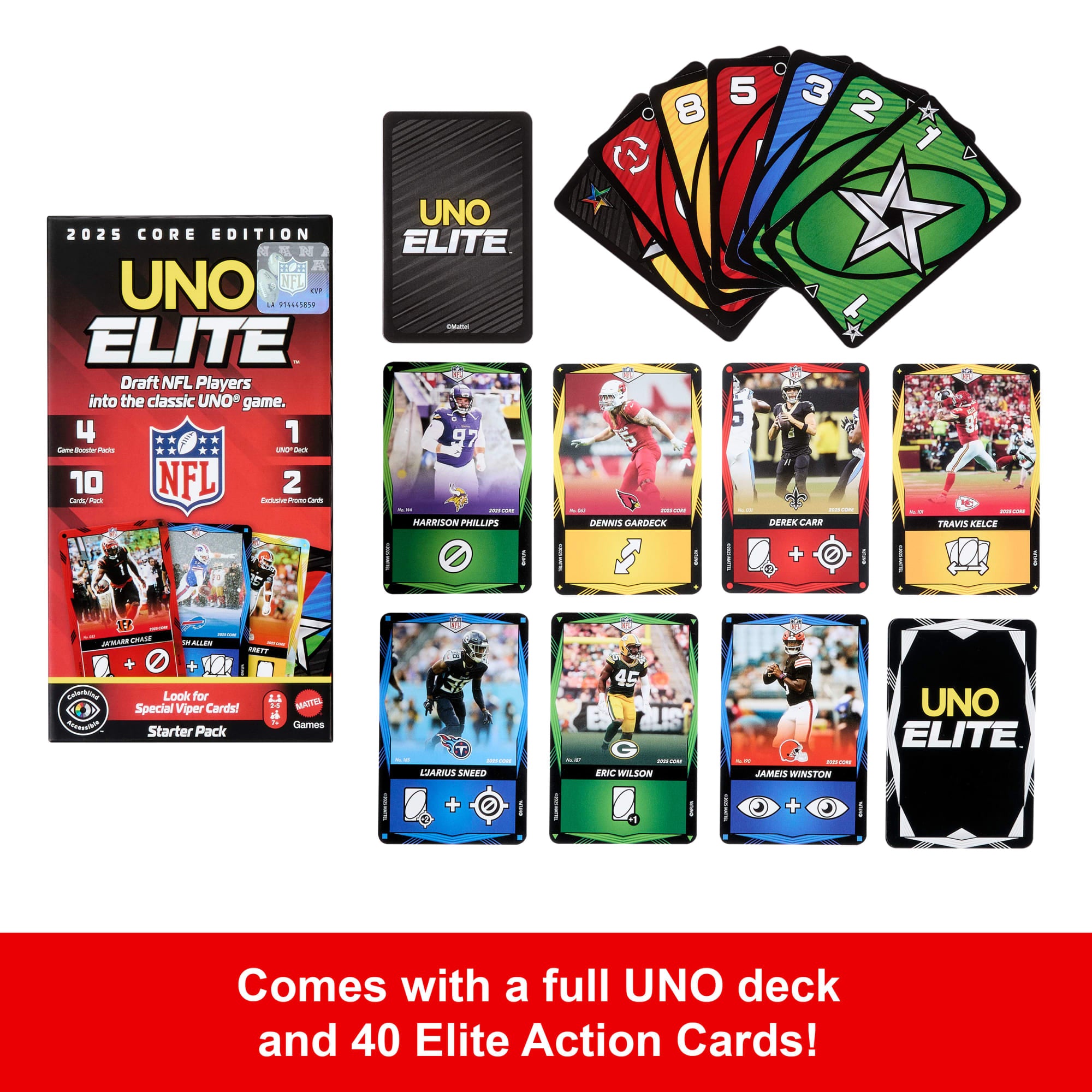 UNO Elite NFL Card Game 2025 Core Edition Starter Set With Deck. 4 Game Booster Packs & 2 Promo Cards - Image 3