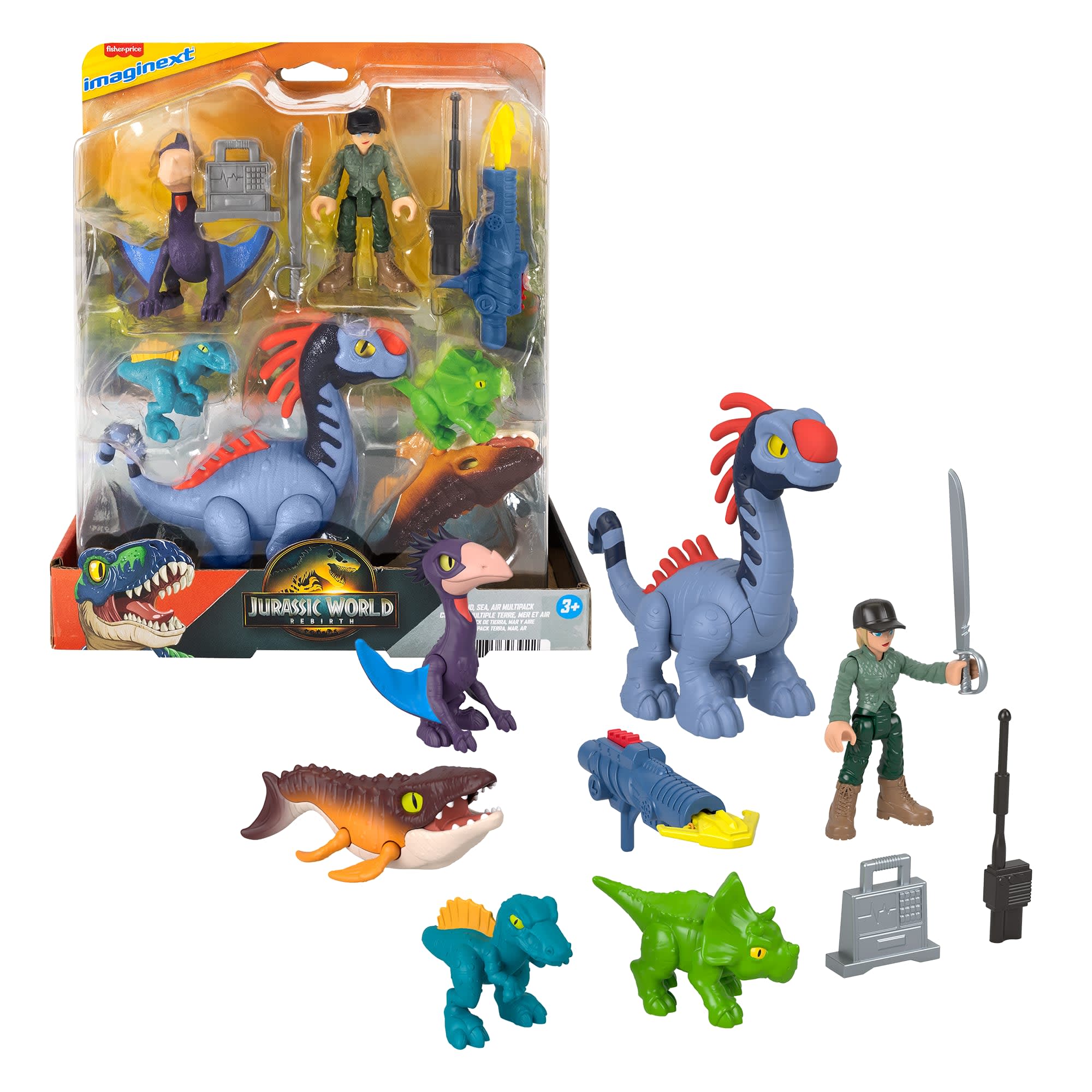 Imaginext Jurassic World Dinossauro de Brinquedo Rebirth Pacote de Dinos Terra. Ar e Mar