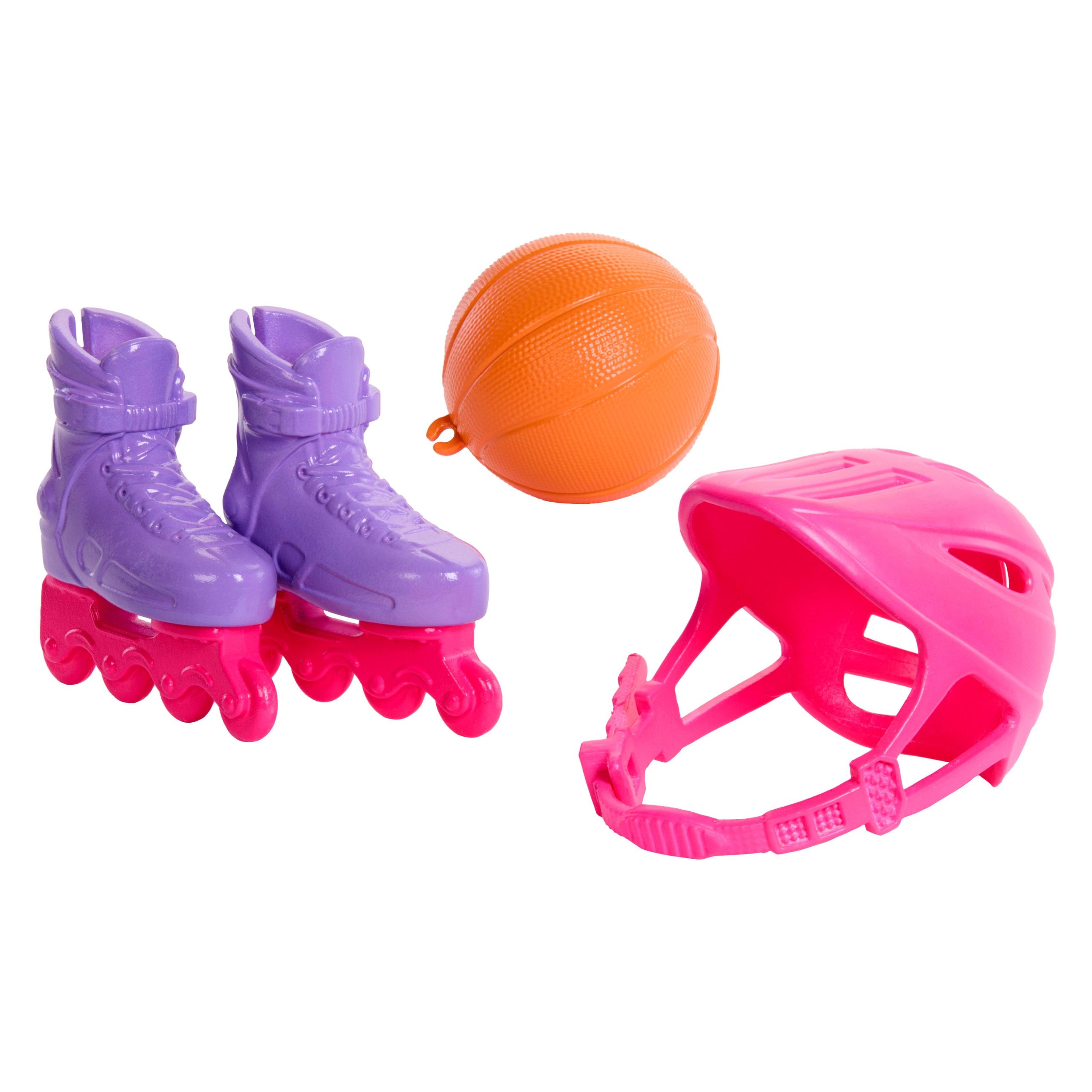 Barbie World Sport Rack Toy Playset With 9 Doll Accessories Including Trampoline. Tennis Racket. & Skates - Image 2