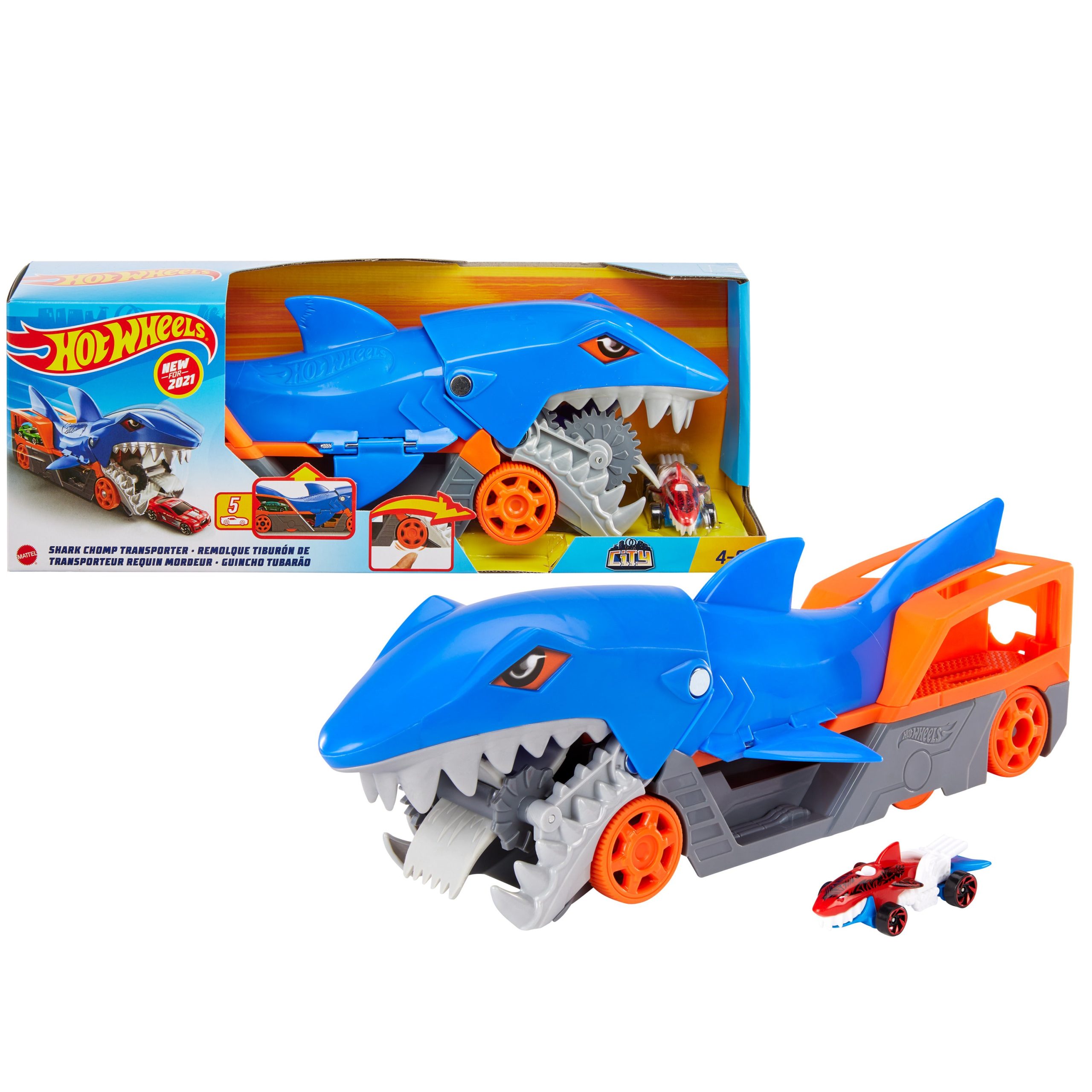 Hot Wheels Shark Chomp Transporter Playset With One 1:64 Scale Car For Kids 4 To 8 Years Old