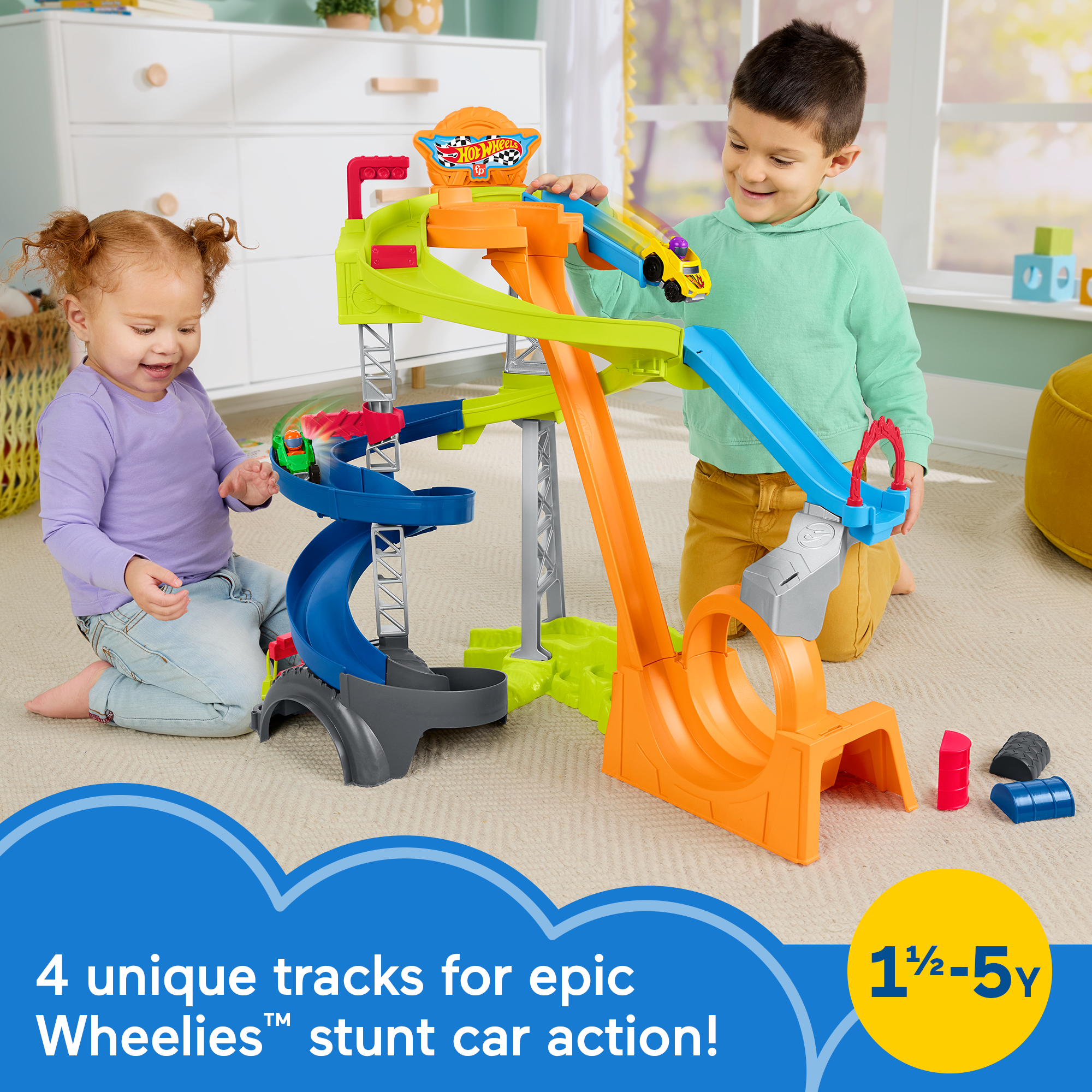 Little People Hot Wheels Spiral Stunt Speedway Toddler Race Track Playset. 2 Toy Cars - Image 2