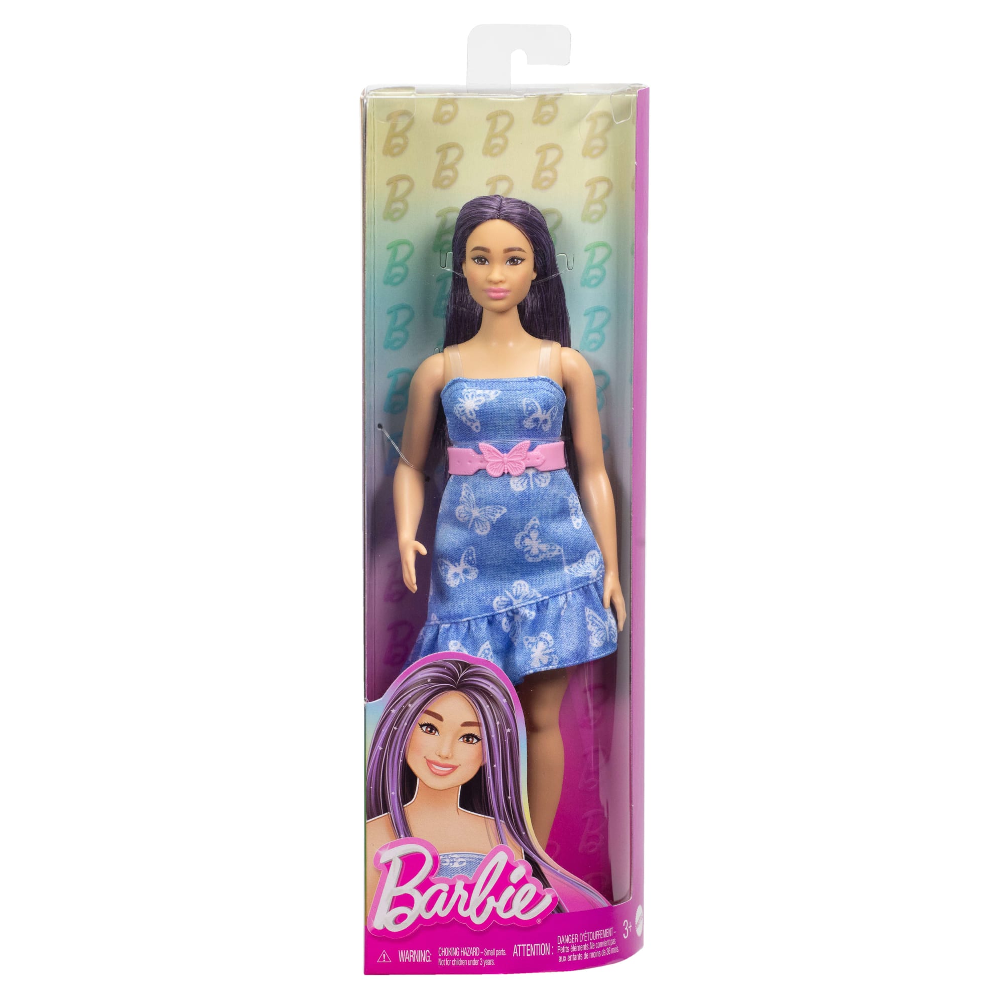Barbie Fashionistas Doll #231 in Denim Butterfly Dress With Pink Belt. Purple Hair - Image 6