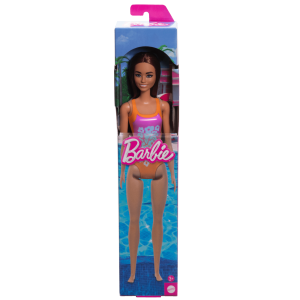 Barbie Poupée Plage Cheveux Brun Clair. Maillot Rose et Orange