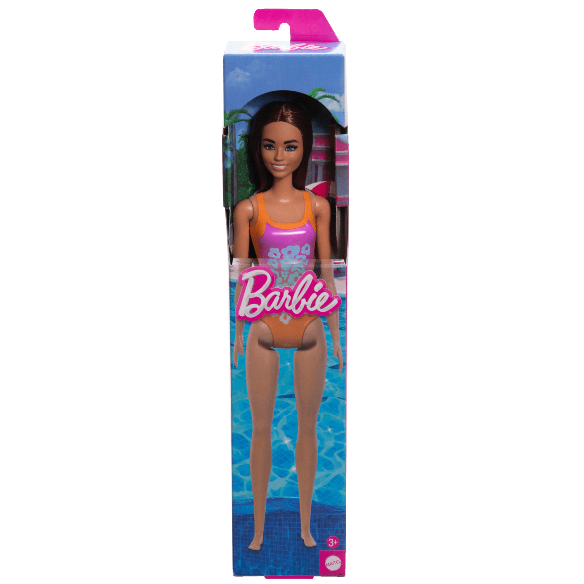 Beach Barbie Doll With Light Brown Hair Wearing Tropical Pink And Orange Swimsuit - Image 5