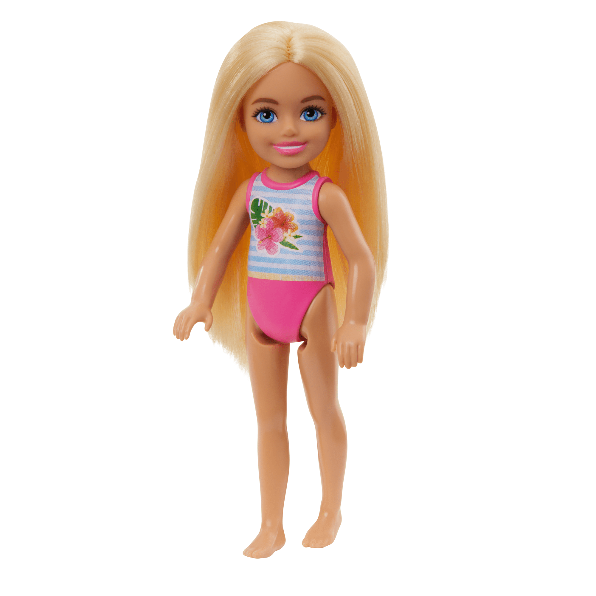 Barbie Chelsea Small Doll With Beach Swimsuit. Stripes & Floral Print. Blonde Hair & Blue Eyes