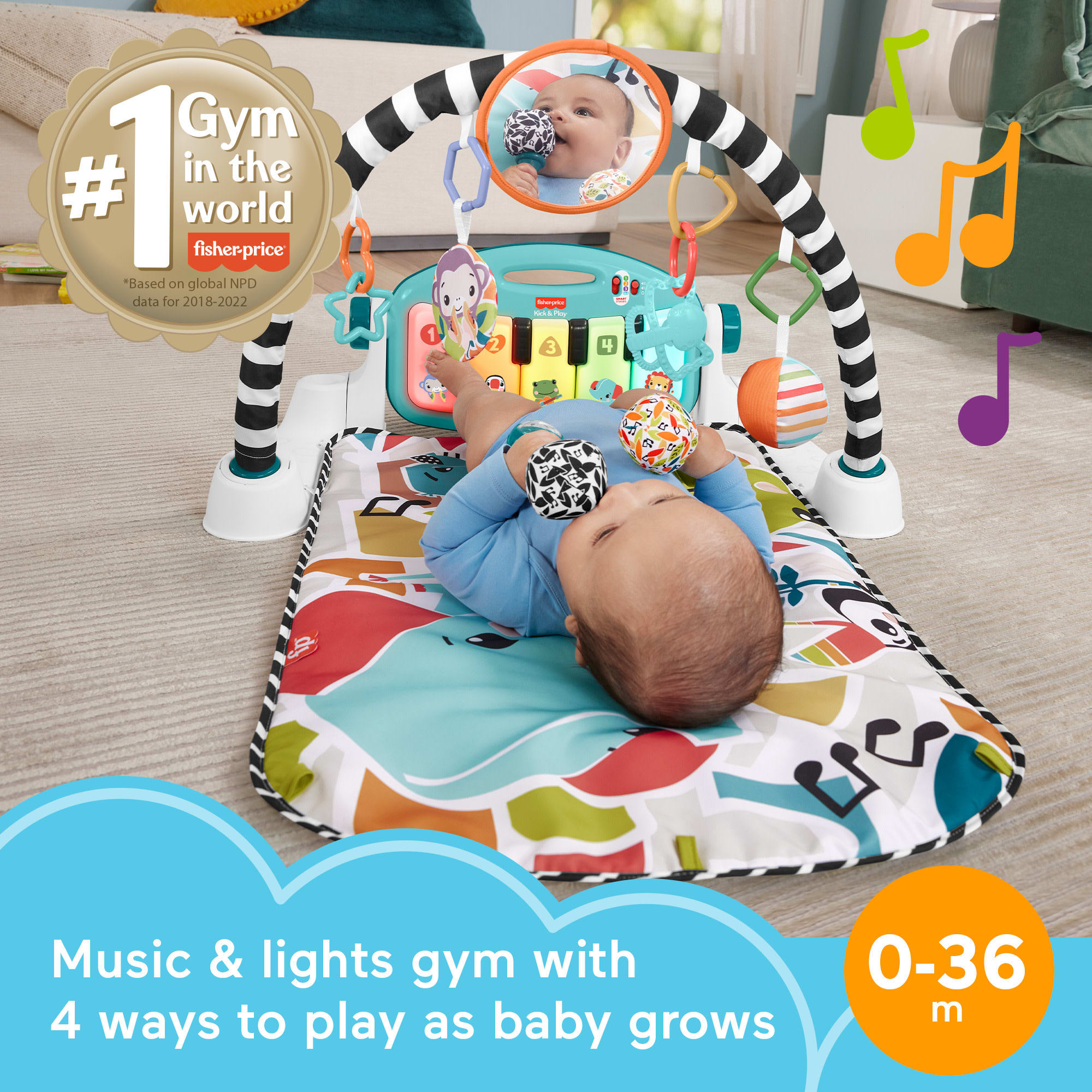 Fisher-Price Glow And Grow Kick & Play Piano Gym Baby Learning Toy With 2 Maracas. Blue - Image 2
