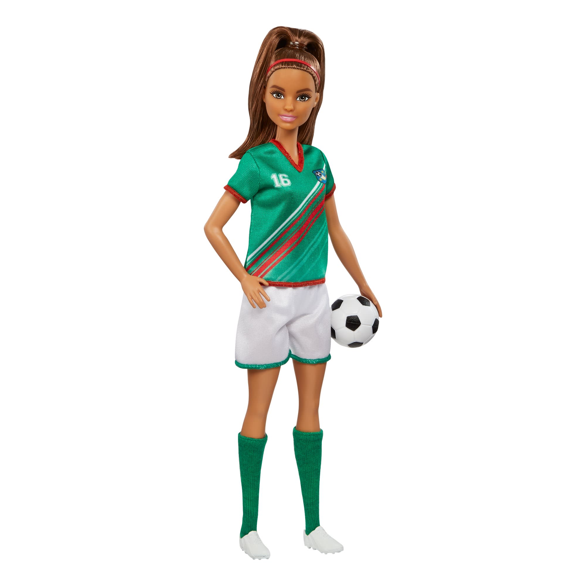 Barbie Soccer Doll. Brunette. #16 Uniform. Soccer Ball. Cleats. Socks. 3 & Up - Image 2