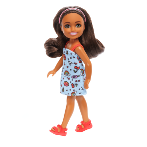 Barbie Chelsea Doll. Small Doll Wearing Removable Blue Dress With Brown Hair & Green Eyes