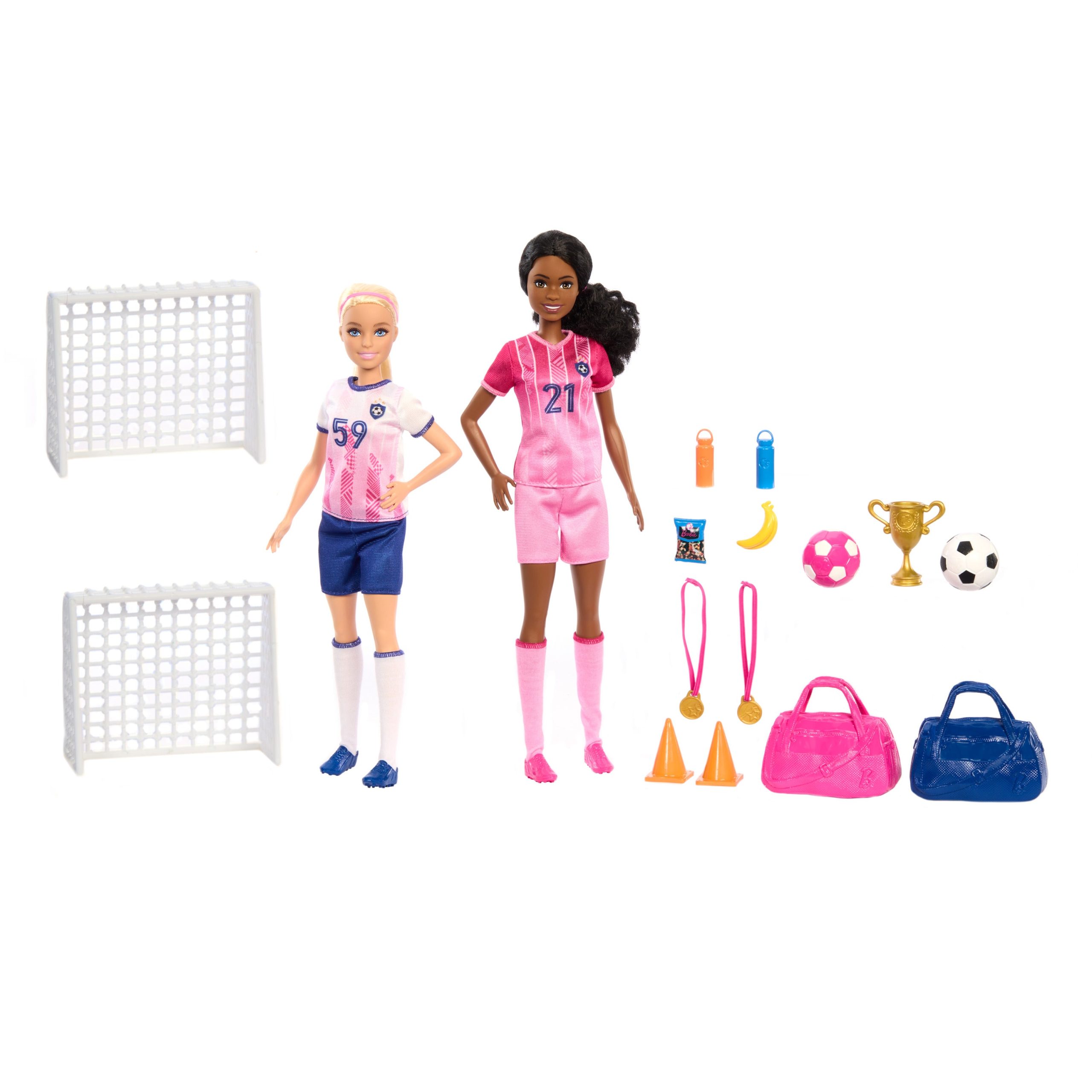 Barbie Soccer Playset With 2 Dolls & 15 Accessories Including 2 Nets. 2 Soccer Balls & More - Image 2