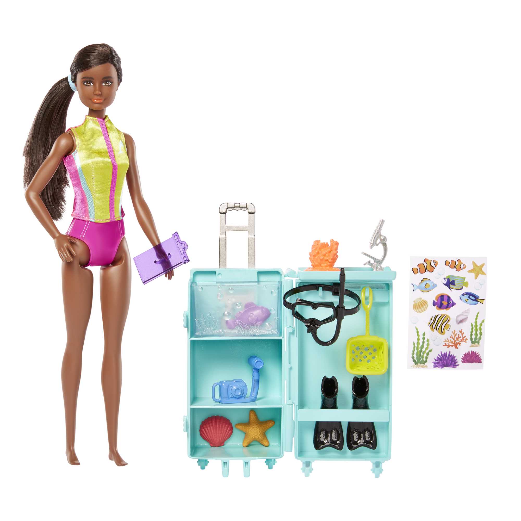 Barbie Dolls & Accessories. Marine Biologist Doll (Brunette) & Mobile Lab Playset