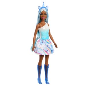 Barbie Poupée Licorne. Cheveux Bleus. Tenue Ombrée et Accessoires