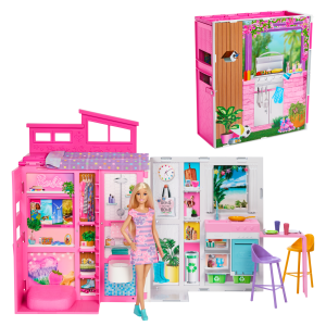 Barbie  Maison Portative et Poupée. 4Pièces. 11Accessoires