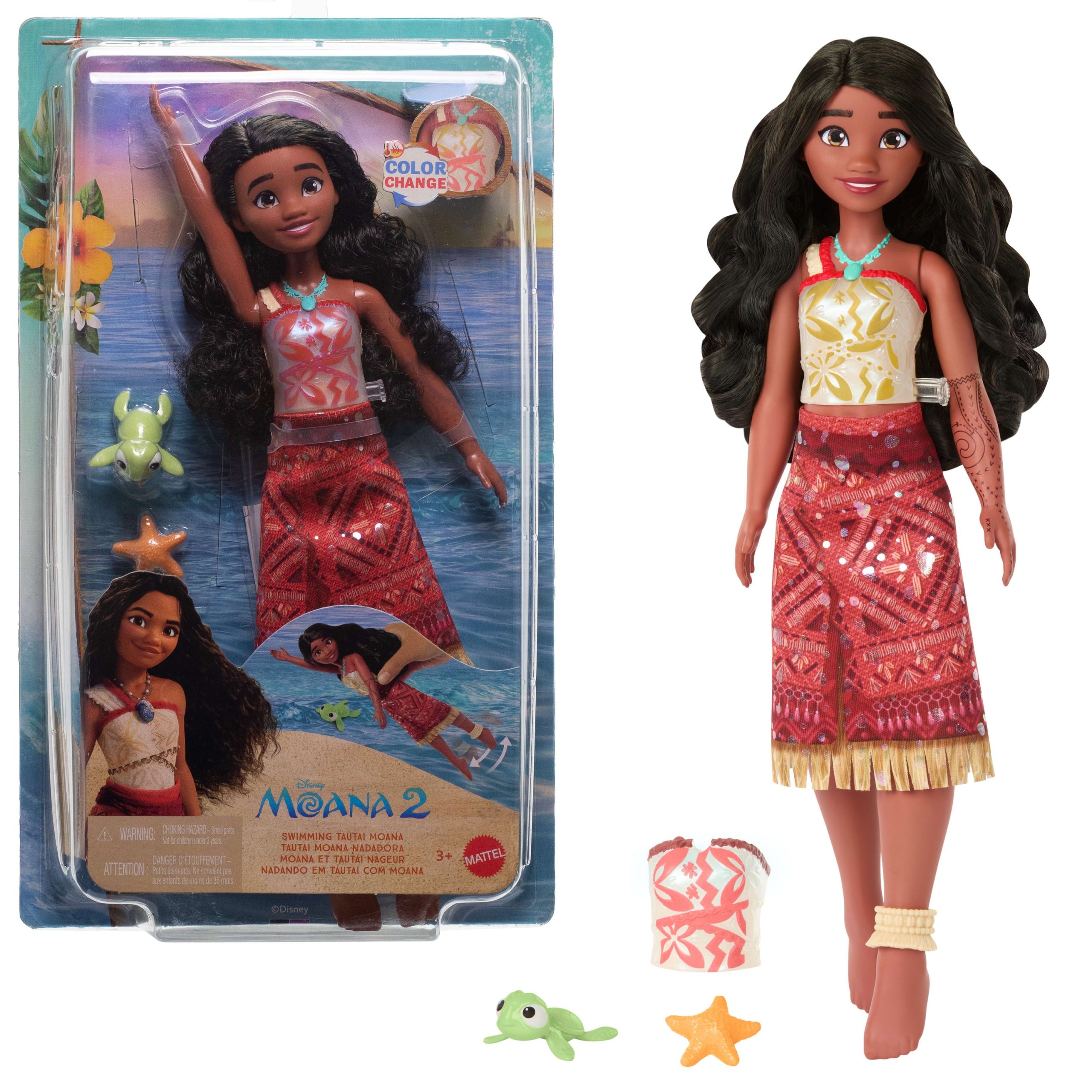 Disney Moana 2 Toys. Swimming Tautai Moana Fashion Doll With 2 Accessories & Color-Change Bodice