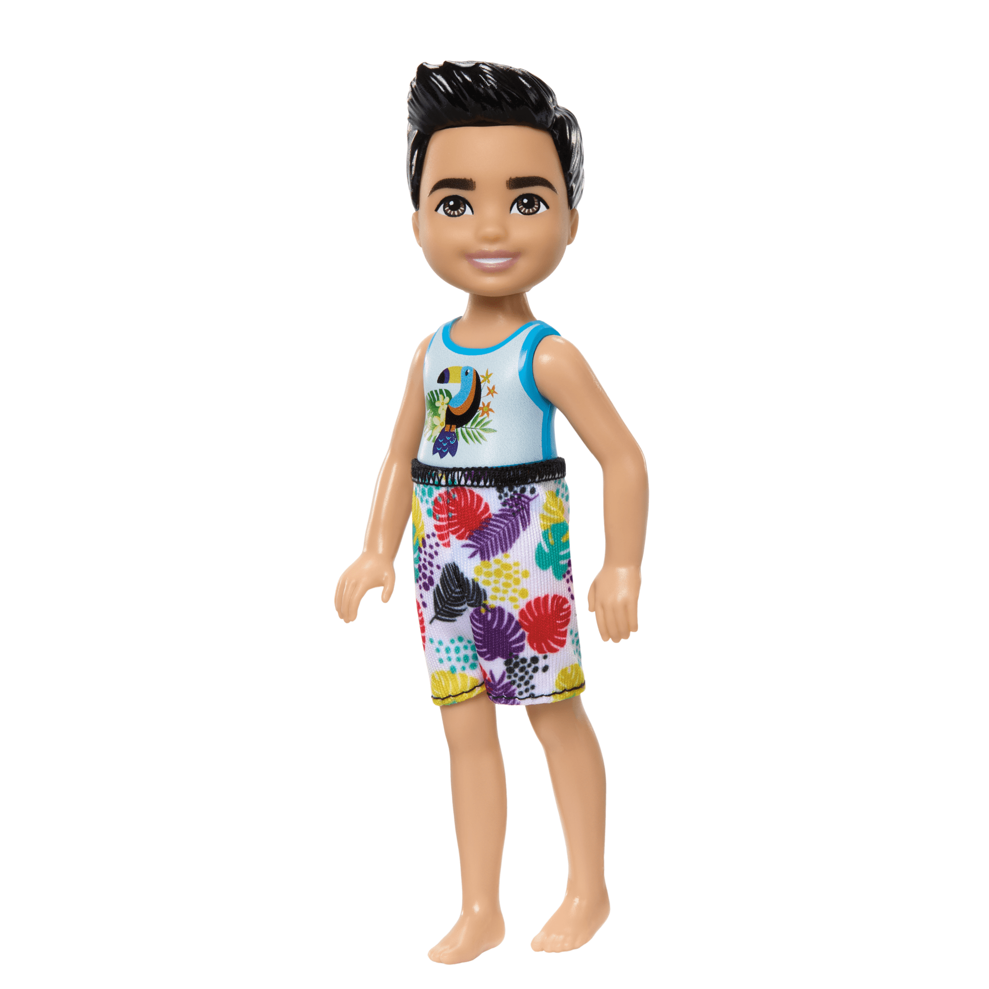 Barbie Chelsea Small Doll With Beach Swimsuit. Toucan & Tropical Leaf Print. Black Hair & Brown Eyes