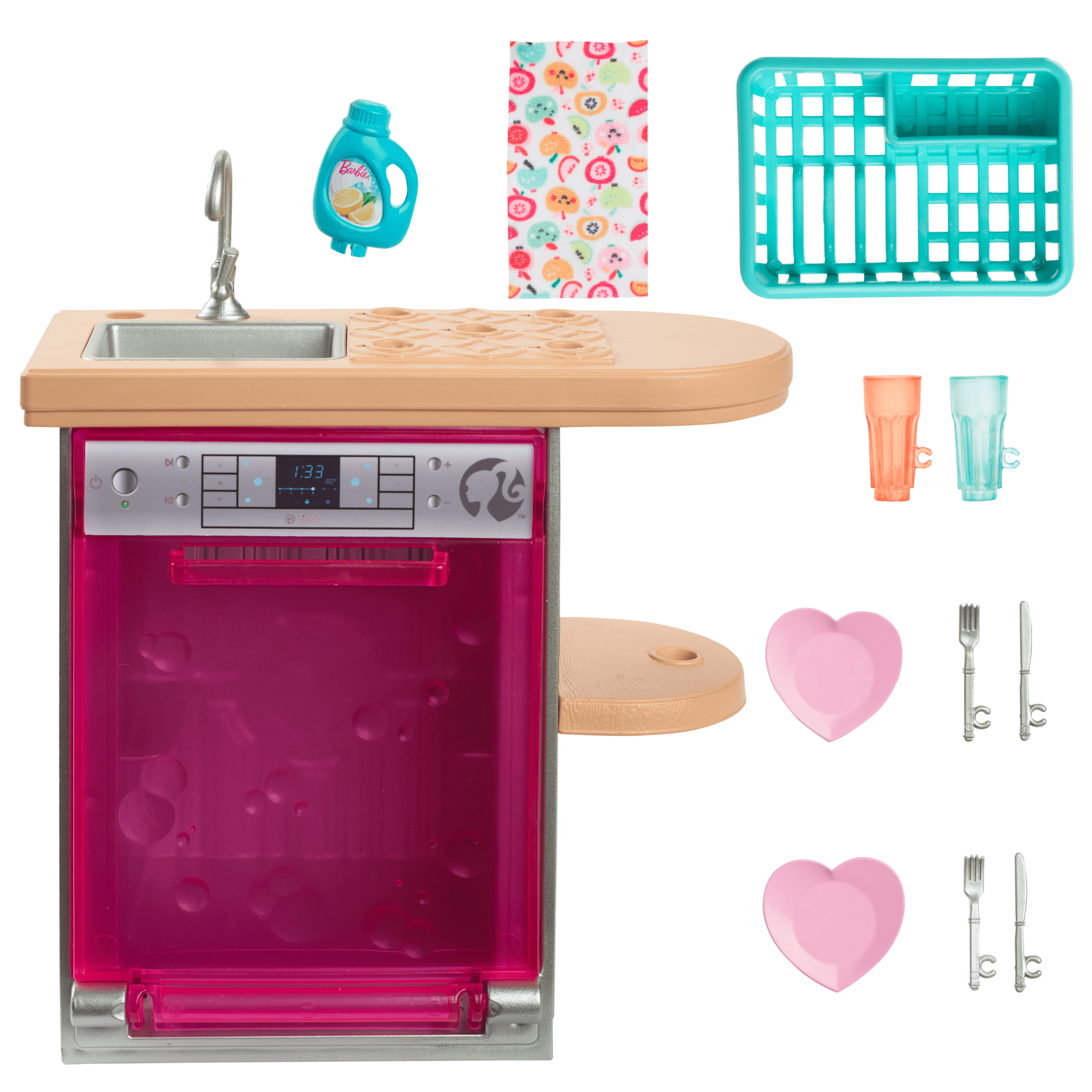 Barbie World Toy Dishwasher Set With 9 Dollhouse Kitchen Accessories Including Plates. Drying Rack. & More - Image 4