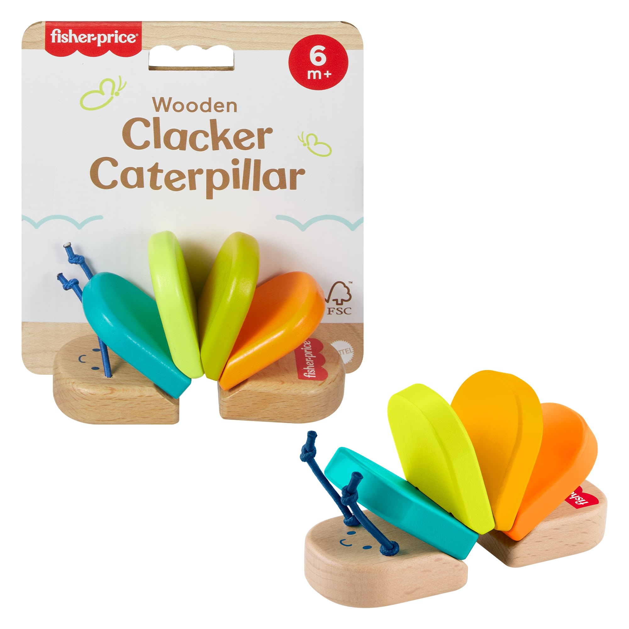 Fisher-Price Wooden Clacker Caterpillar Developmental Activity Rattle Toy For Baby. 1 Wood Piece