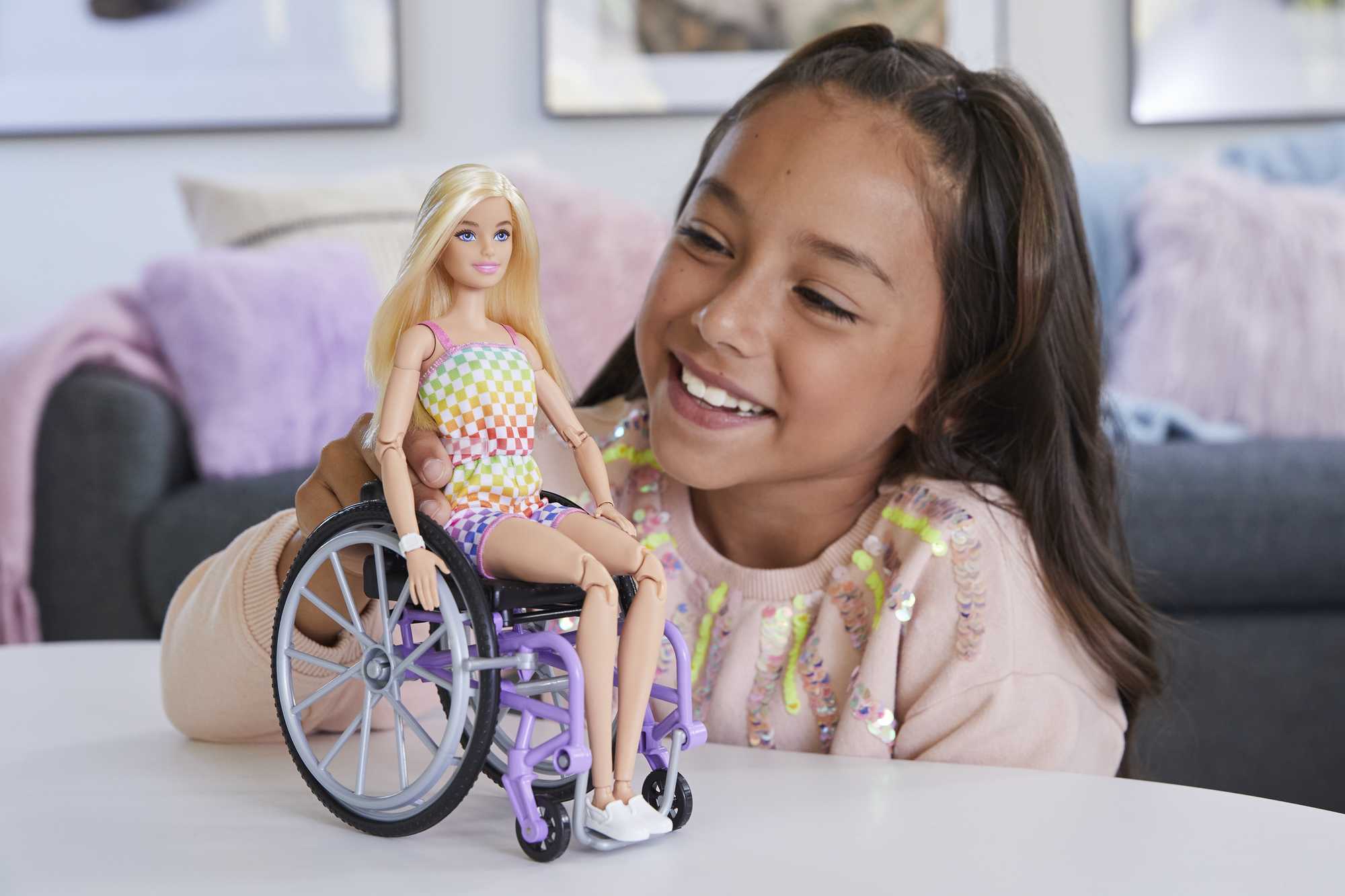 Barbie Fashionistas Doll #194 With Wheelchair & Ramp. Blond Hair. Rainbow Dress & Accessories - Image 2