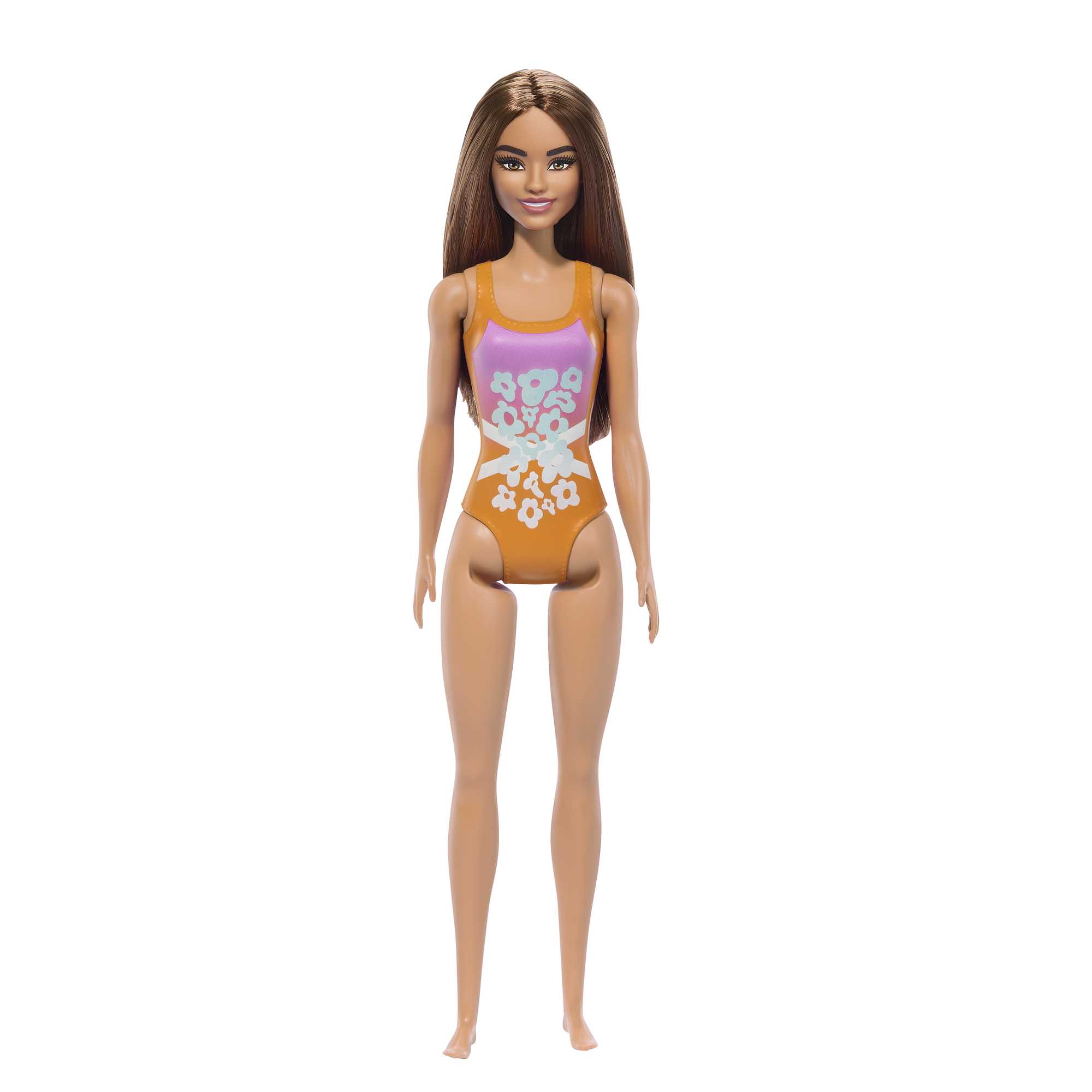 Beach Barbie Doll With Light Brown Hair Wearing Tropical Pink And Orange Swimsuit - Image 4