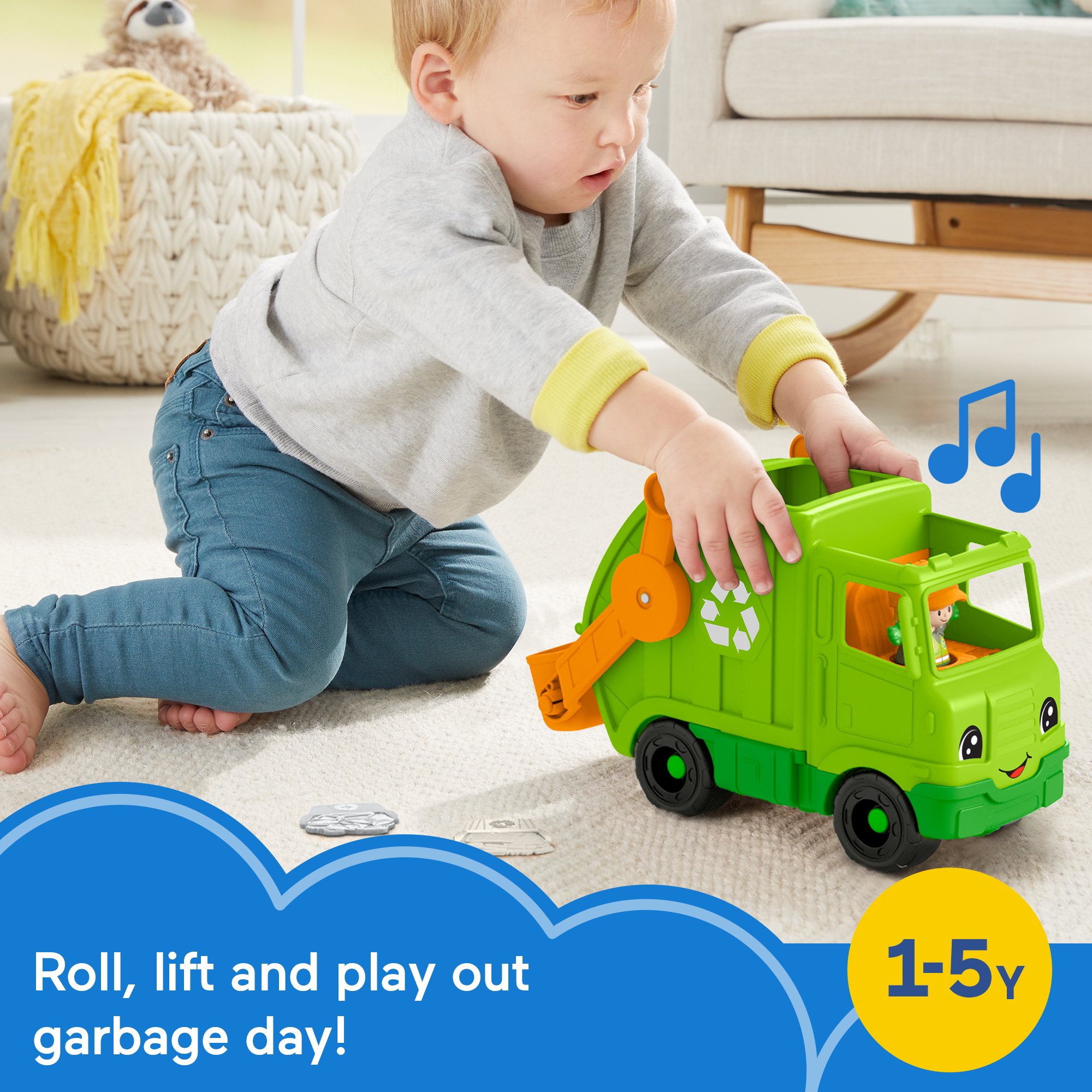 Fisher-Price Little People Recycling Truck Musical Toddler Garbage Toy Set. 5 Pieces - Image 2