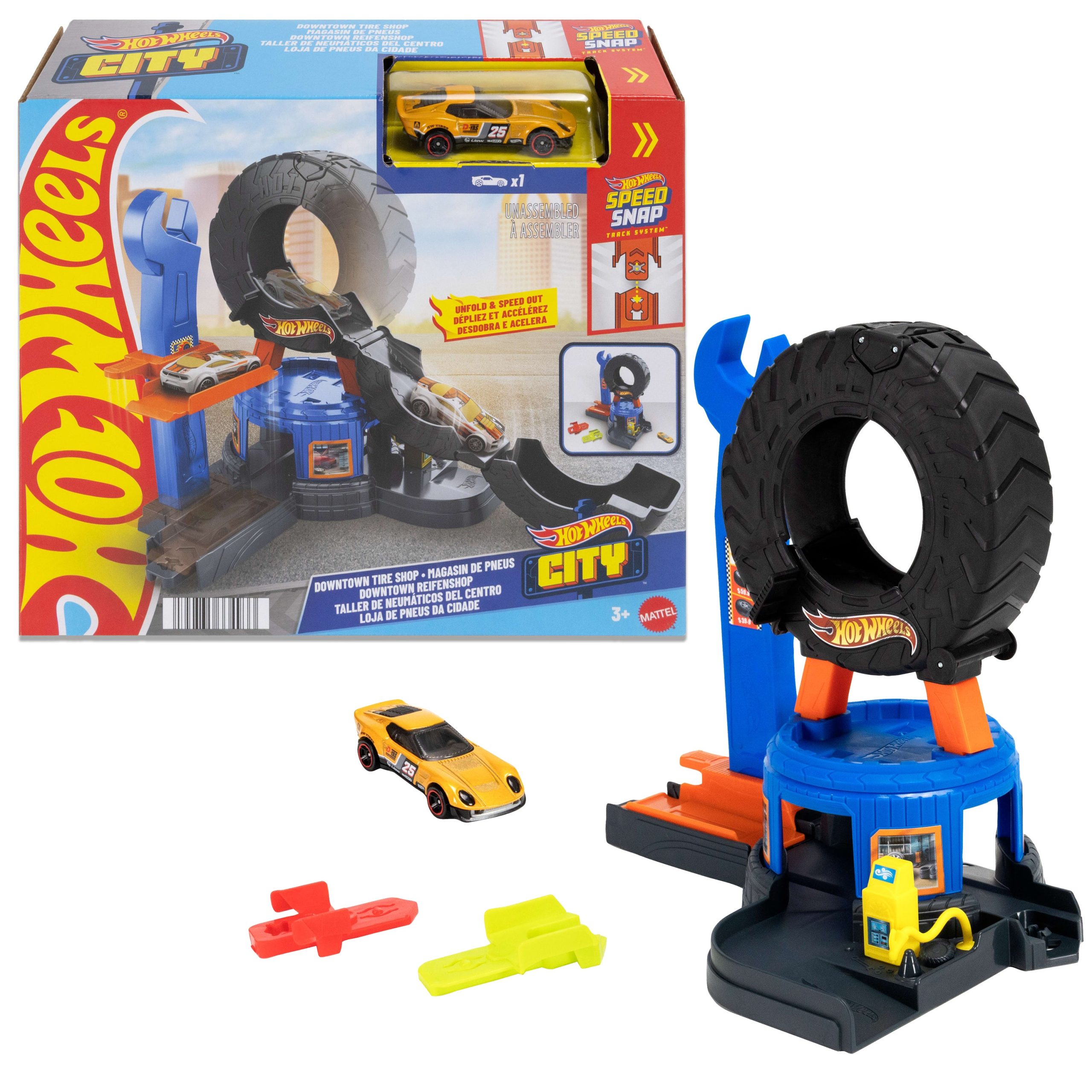 Hot Wheels City Downtown Tire Shop Playset & 1:64 Scale Toy Car. Speed Snap Track Compatible