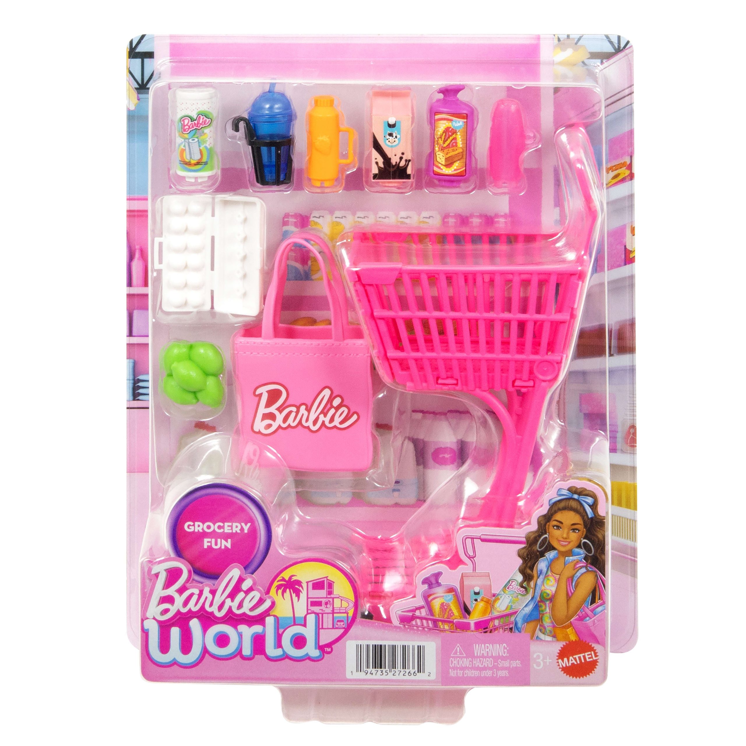 Barbie World Grocery Shopping Toy Set With 11 Doll Accessories Including Cart. Food. Bag. & More - Image 6