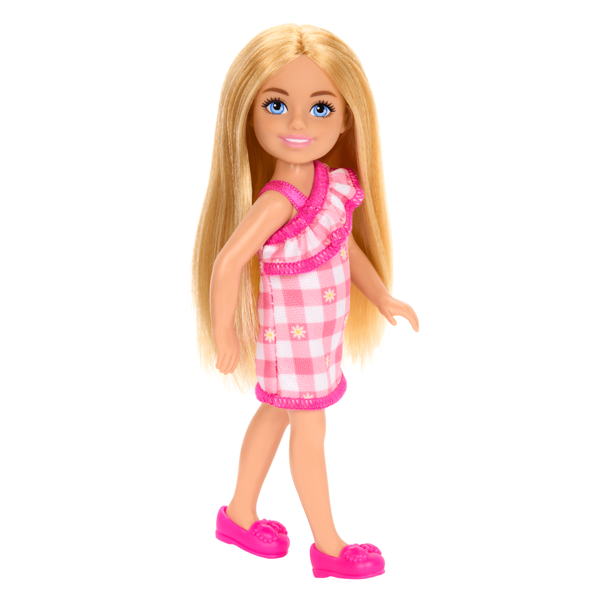 Barbie Chelsea Doll. Small Doll Wearing Removable Checked Dress With Blonde Hair & Blue Eyes - Image 4