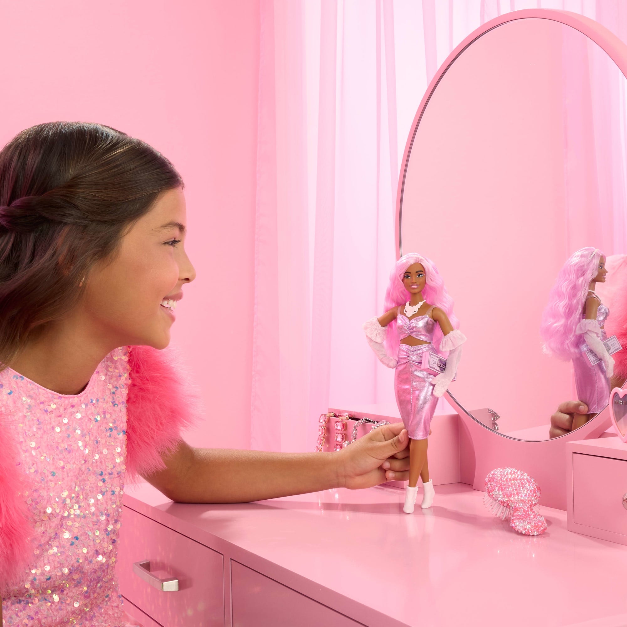 Barbie Deluxe Style Doll #1 in Glossy Pink Barbiecore Dress With Velvet Gloves. Pink Hair - Image 2