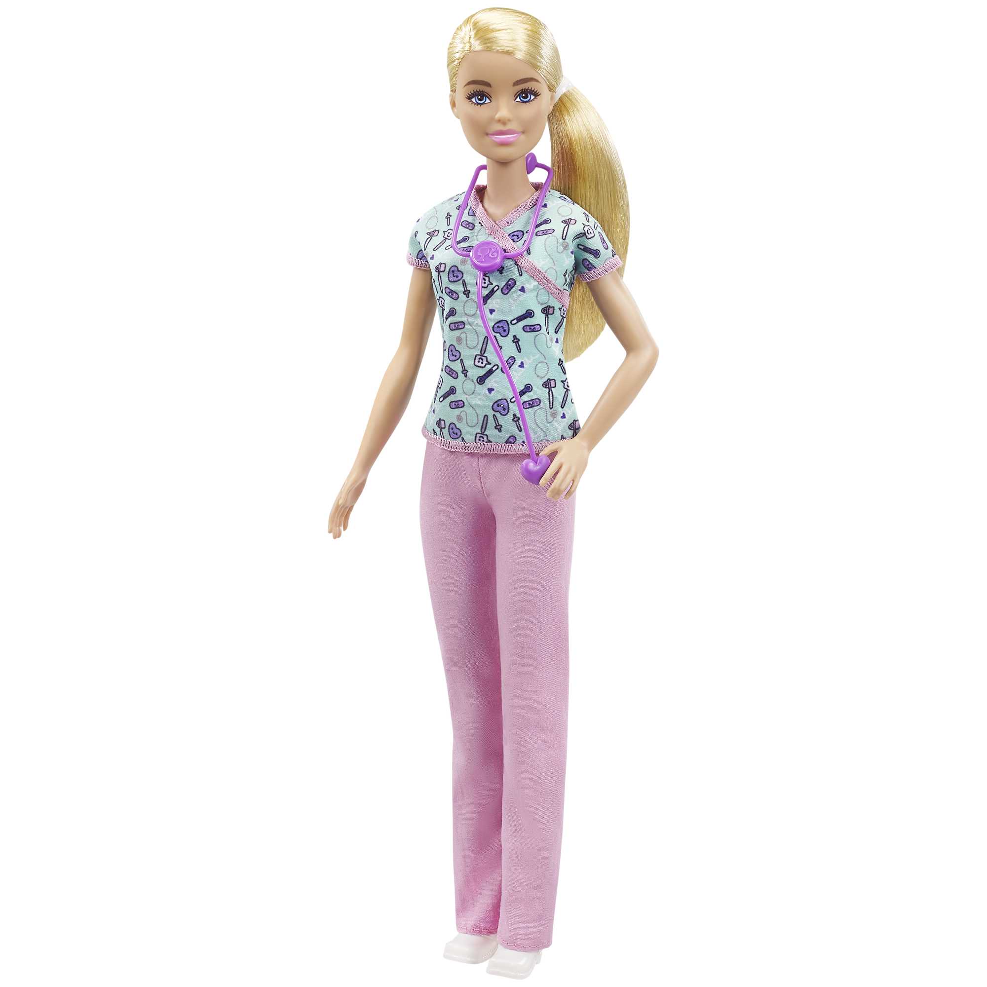Barbie Nurse Fashion Doll Dressed in Medical Scrubs. White Shoes & Stethoscope Accessory