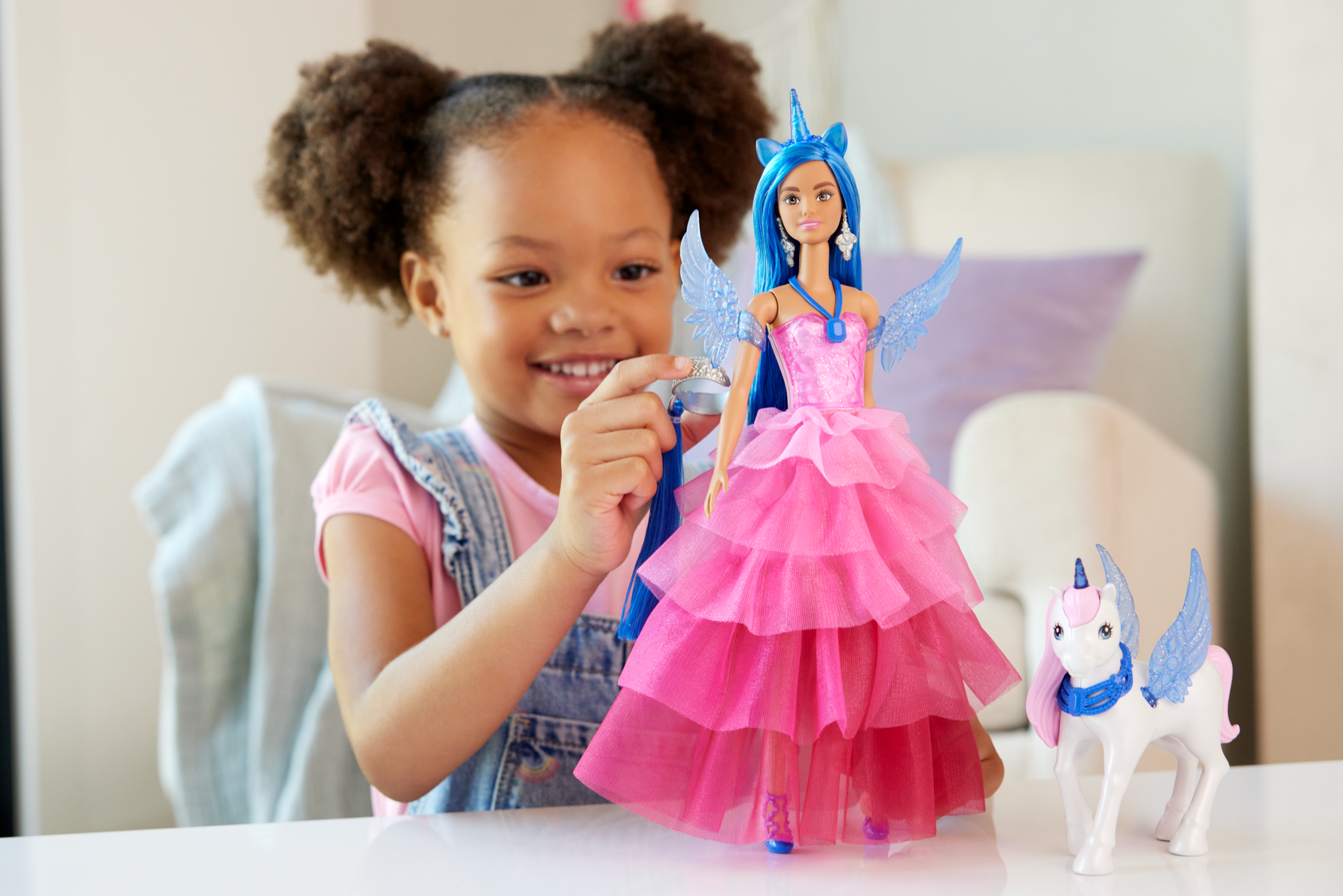 Barbie Unicorn Toy. 65th Anniversary Doll With Blue Hair. Pink Gown & Pet Alicorn