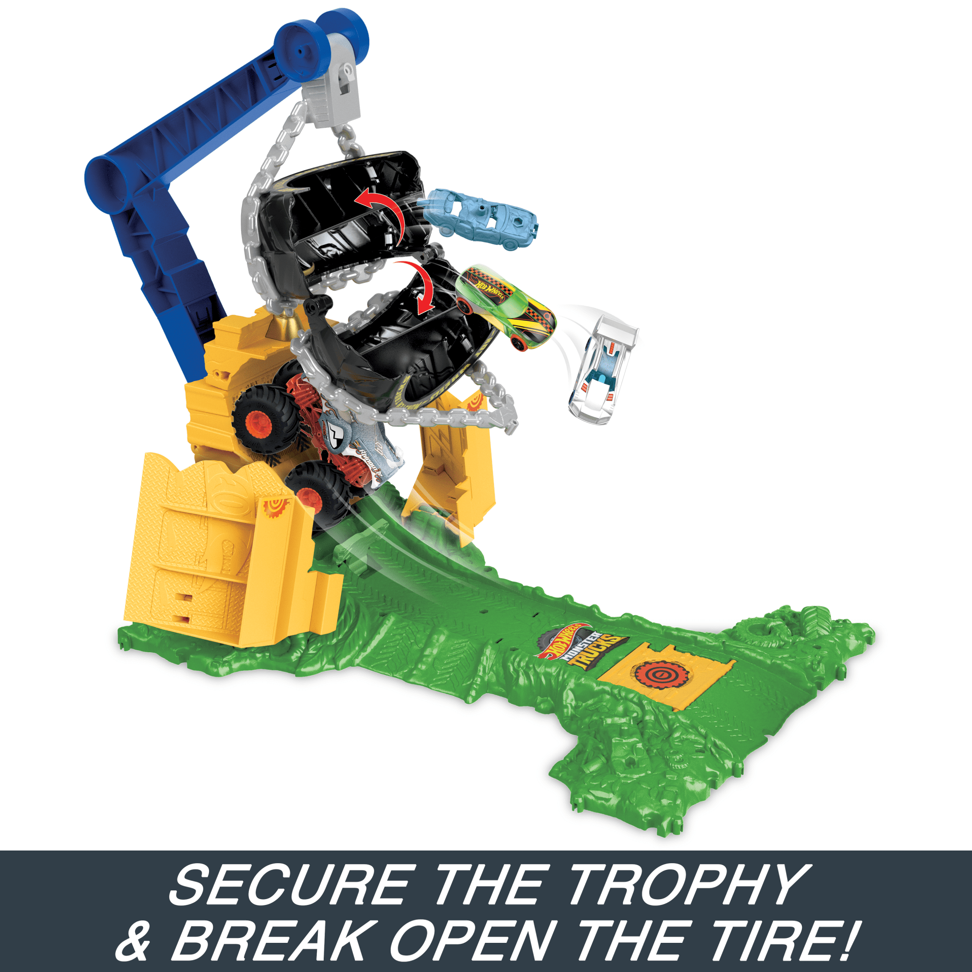 Hot Wheels Monster Trucks Rhinomite Chargin' Challenge Playset With 1 Toy Truck & 2 Crushed Cars - Image 4