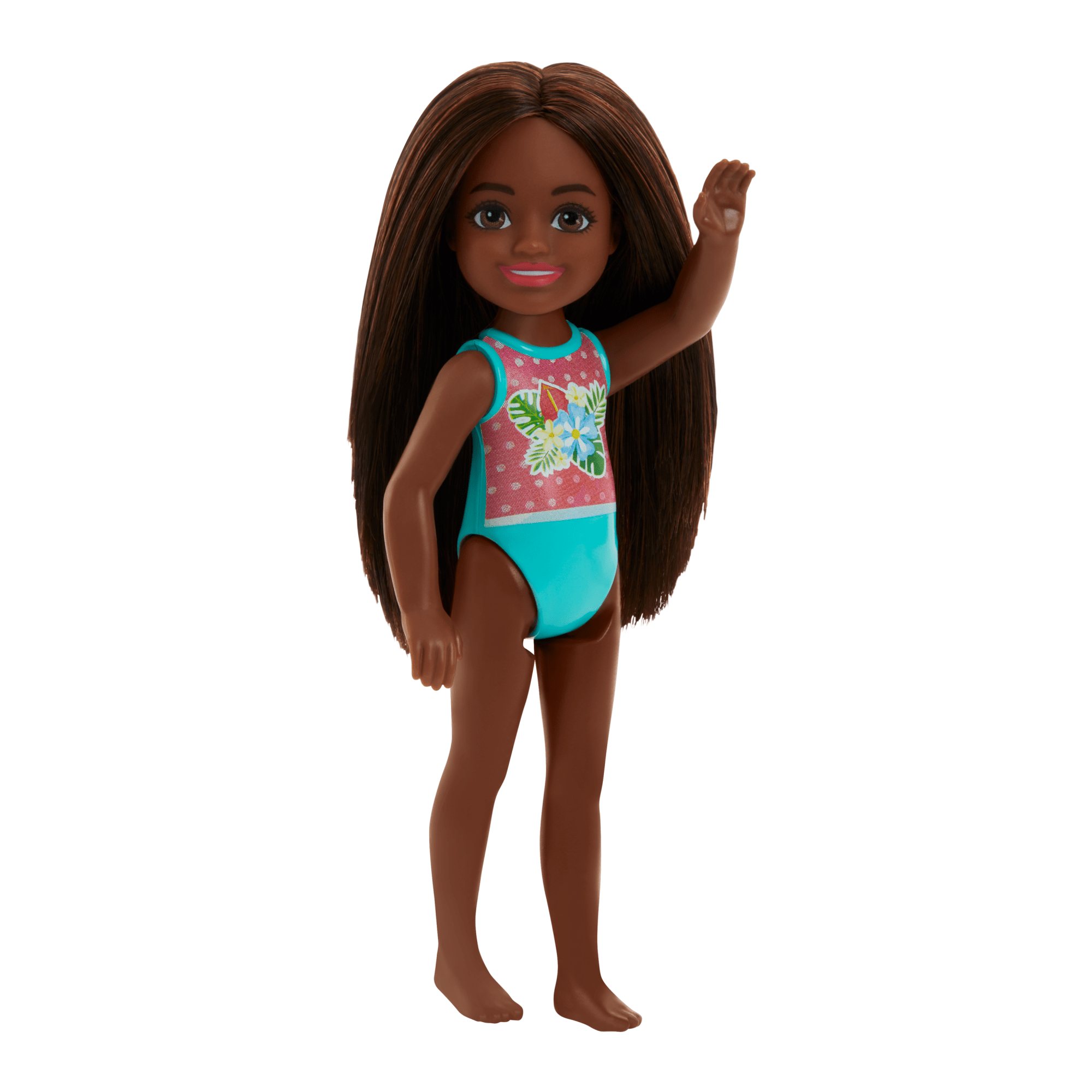 Barbie Chelsea Small Doll With Beach Swimsuit. Polka Dot & Floral Print. Brown Hair & Brown Eyes - Image 4
