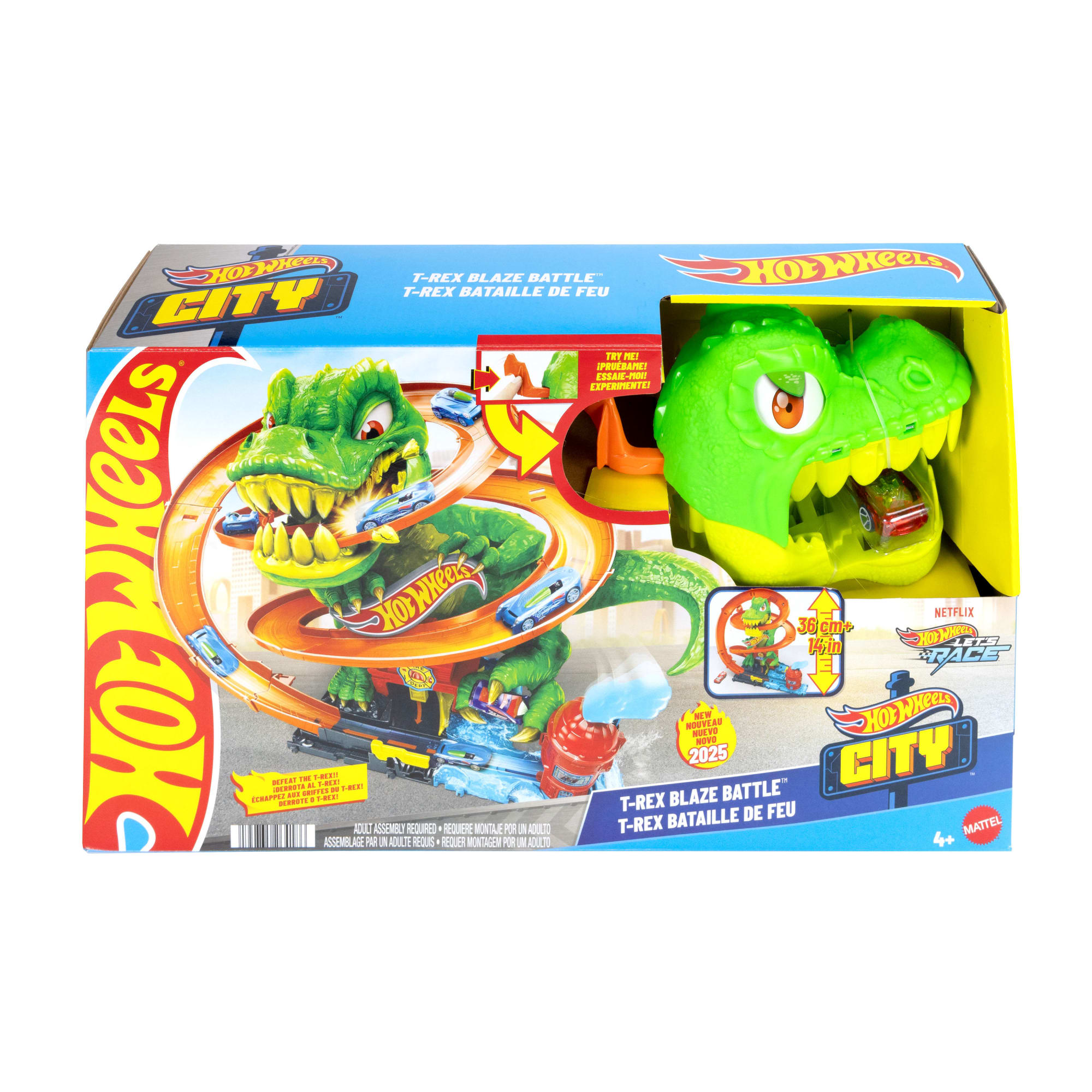 Hot Wheels City T-Rex Blaze Battle Playset & 1:64 Scale Die-Cast Car. Dinosaur Nemesis