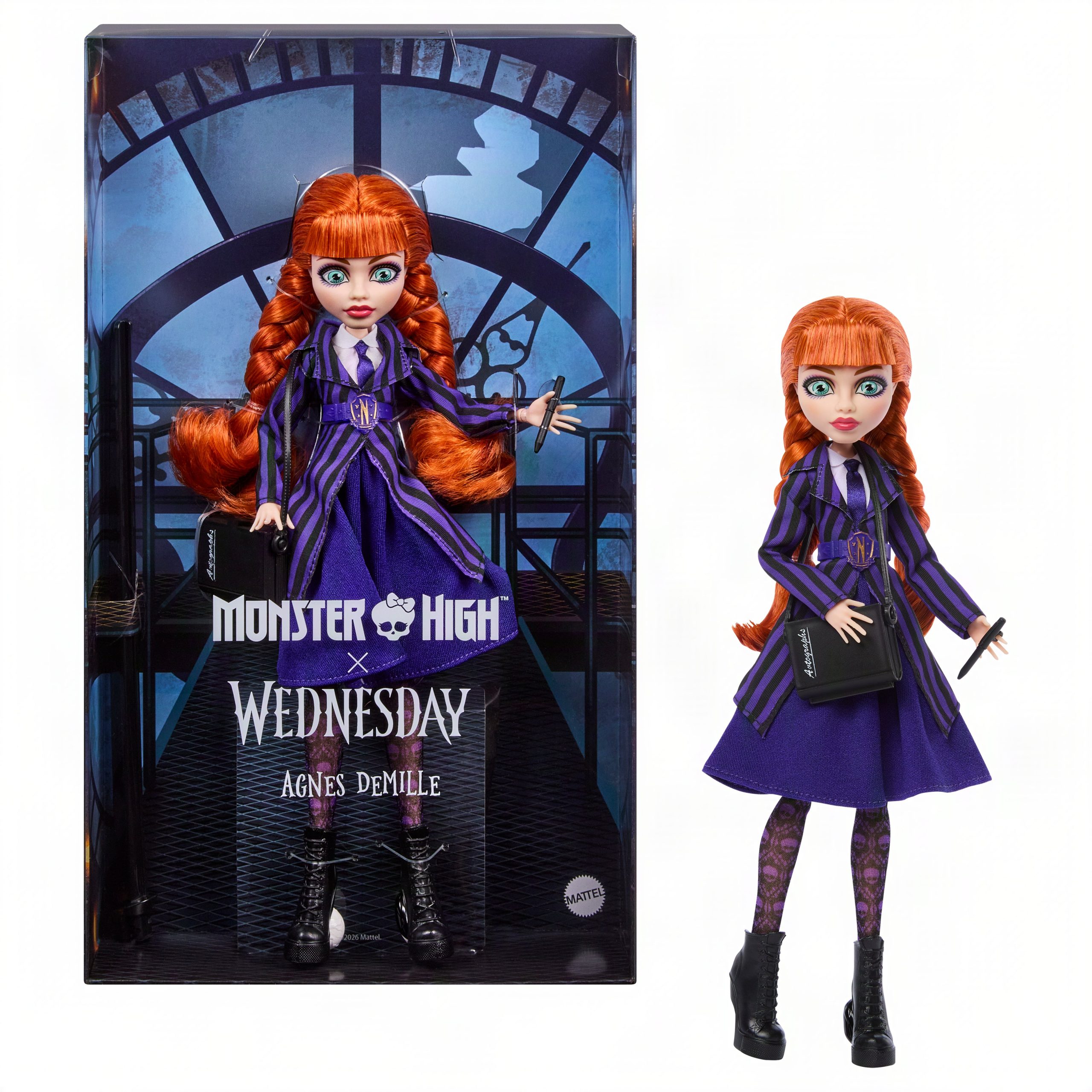 Monster High X Wednesday Collectible Doll. Agnes Demille With Purple Uniform And Accessories