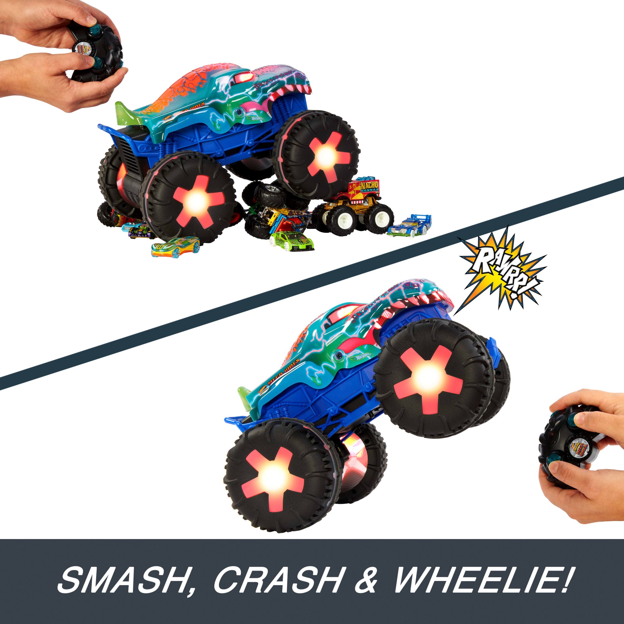 Hot Wheels Monster Trucks 1:15 Scale MEGA-Wrex Alive Remote-Control Vehicle. Battery-Powered RC With Interactive Lights & Sounds - Image 4