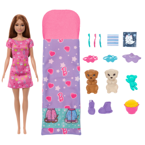 Barbie-Soirée Pyjama Chiots-Coffret Poupée. 2Chiots. 11Accessoires