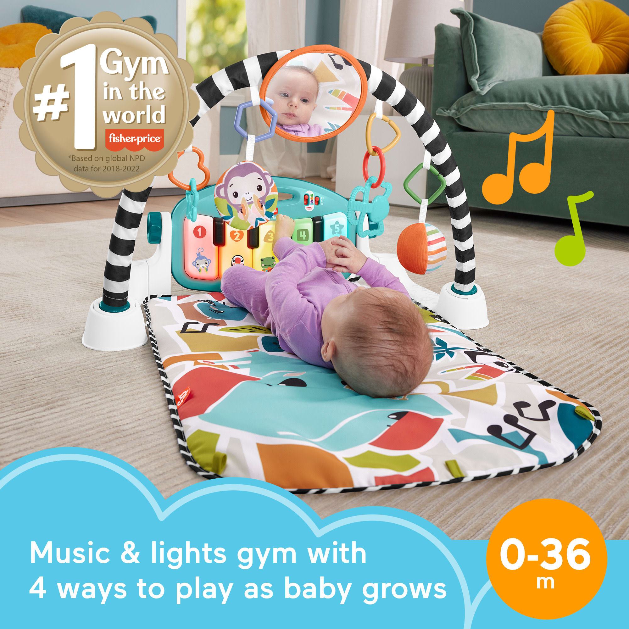 Fisher-Price Glow And Grow Kick & Play Piano Gym Baby Playmat With Musical Learning Toy. Blue - Image 2