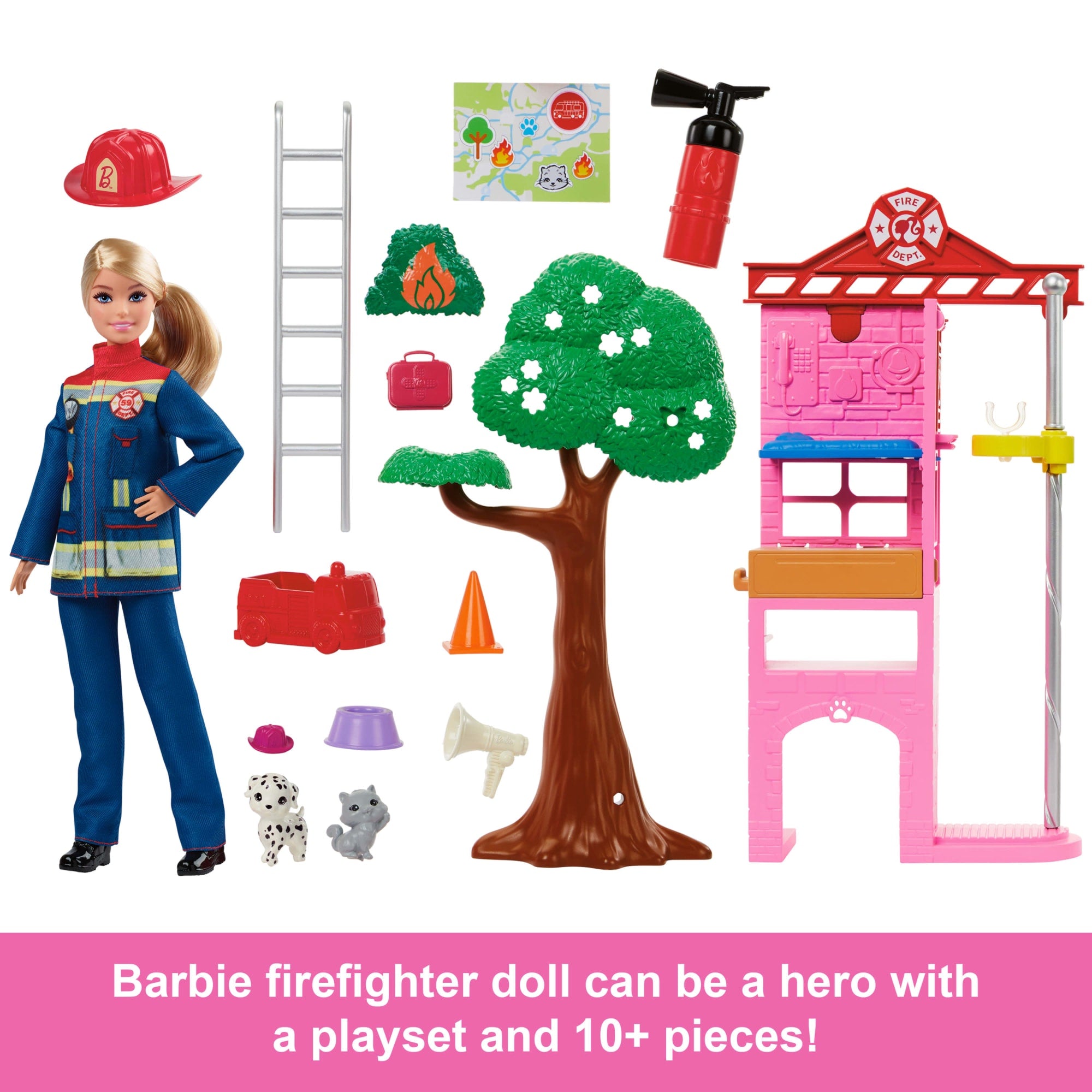 Barbie Firefighter Playset With Blonde Fashion Doll. Fire Station. 2 Pets & 10+ Accessories - Image 2