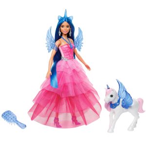 Barbie 65Anniversaire Poupée et Animal Licorne Ailée. Ch. Bleus