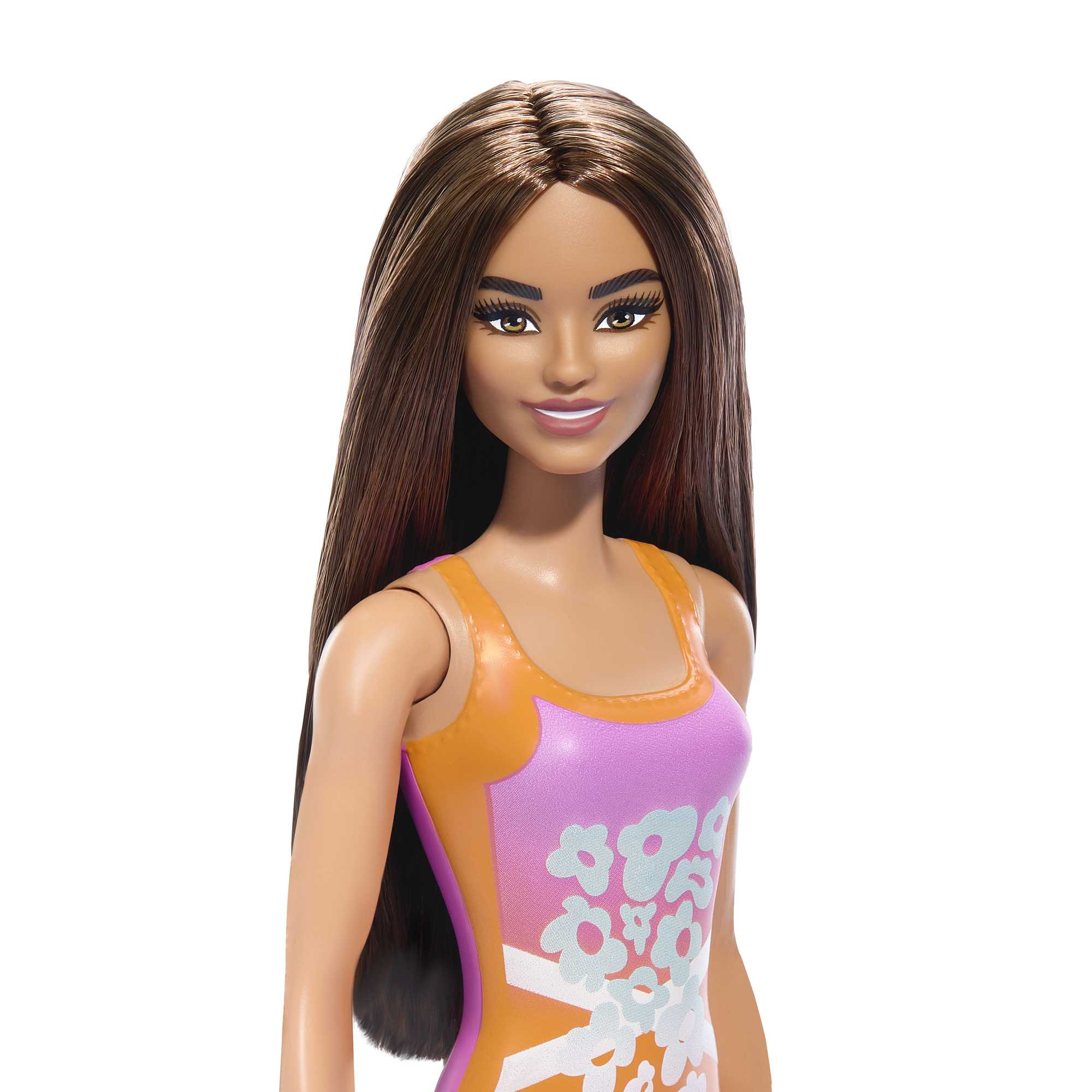 Beach Barbie Doll With Light Brown Hair Wearing Tropical Pink And Orange Swimsuit - Image 2