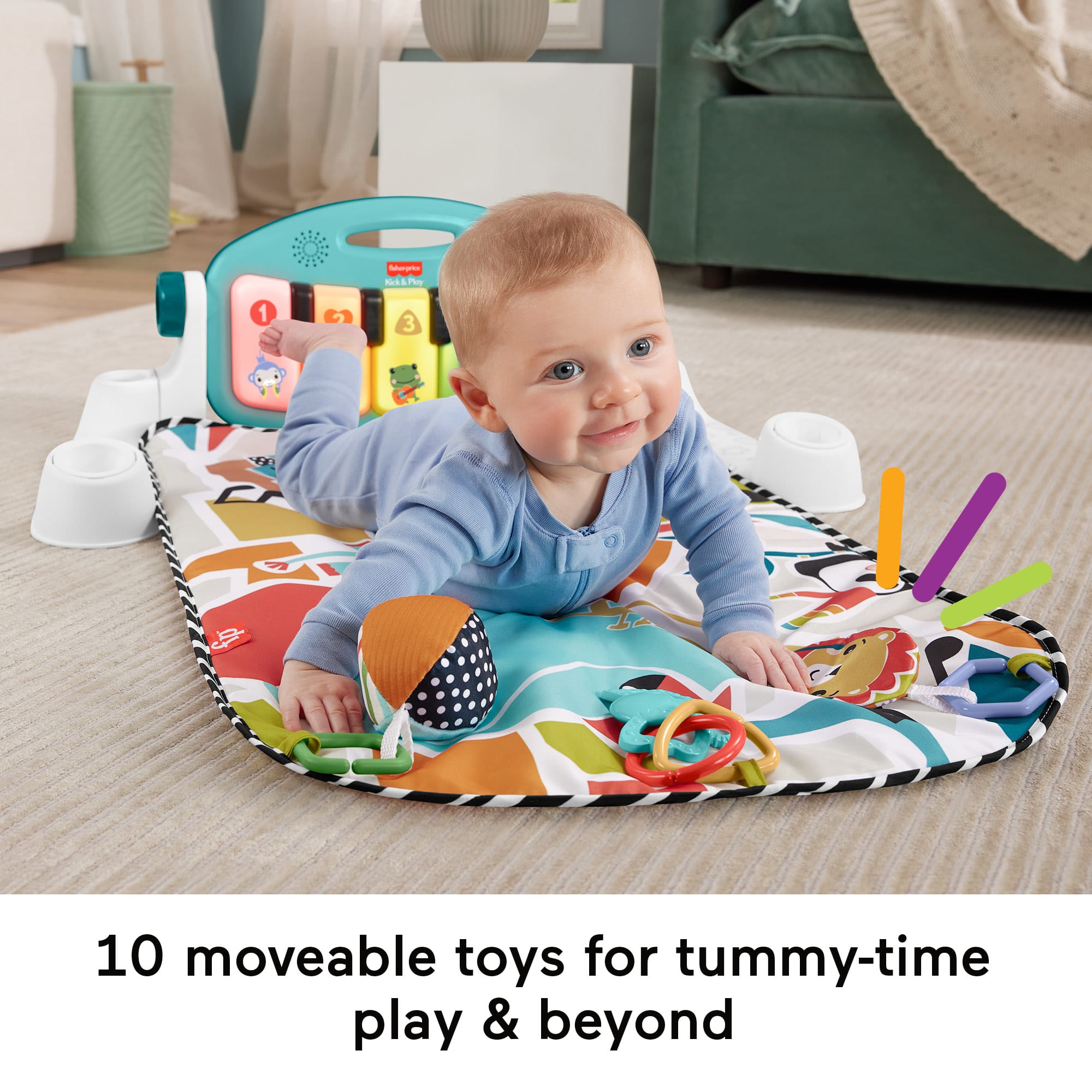 Fisher-Price Glow And Grow Kick & Play Piano Gym Baby Playmat With Musical Learning Toy. Blue - Image 3