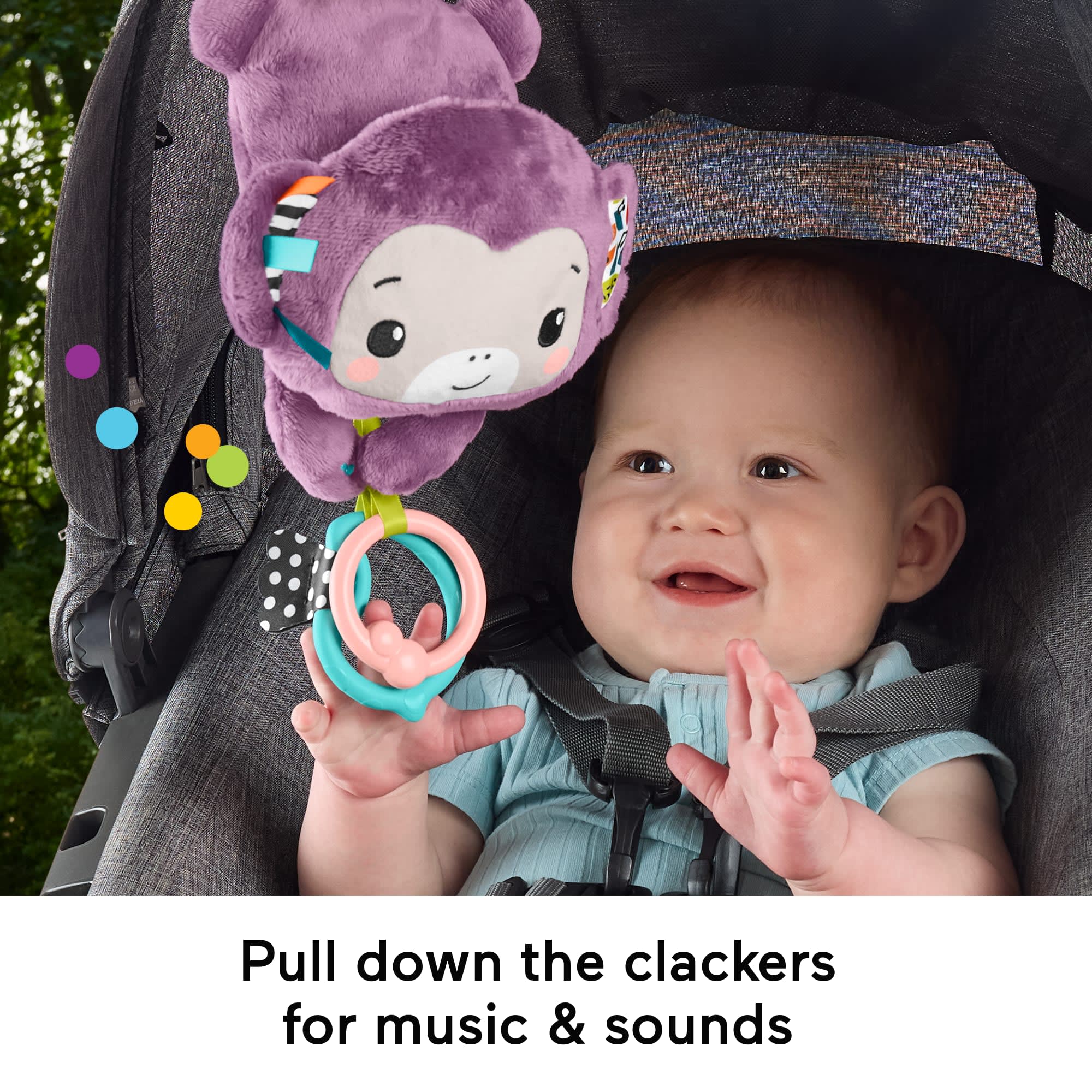 Fisher-Price Sing & Go Purple Monkey Plush Baby Stroller Sensory Toy For Newborns - Image 4