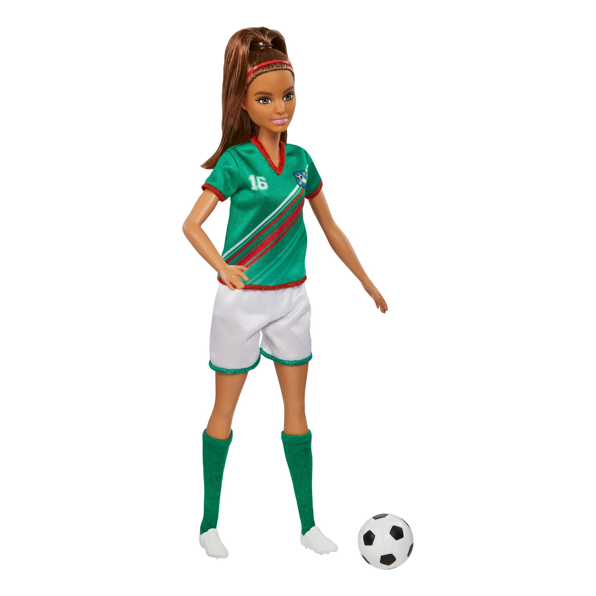 Barbie Soccer Doll. Brunette. #16 Uniform. Soccer Ball. Cleats. Socks. 3 & Up - Image 5