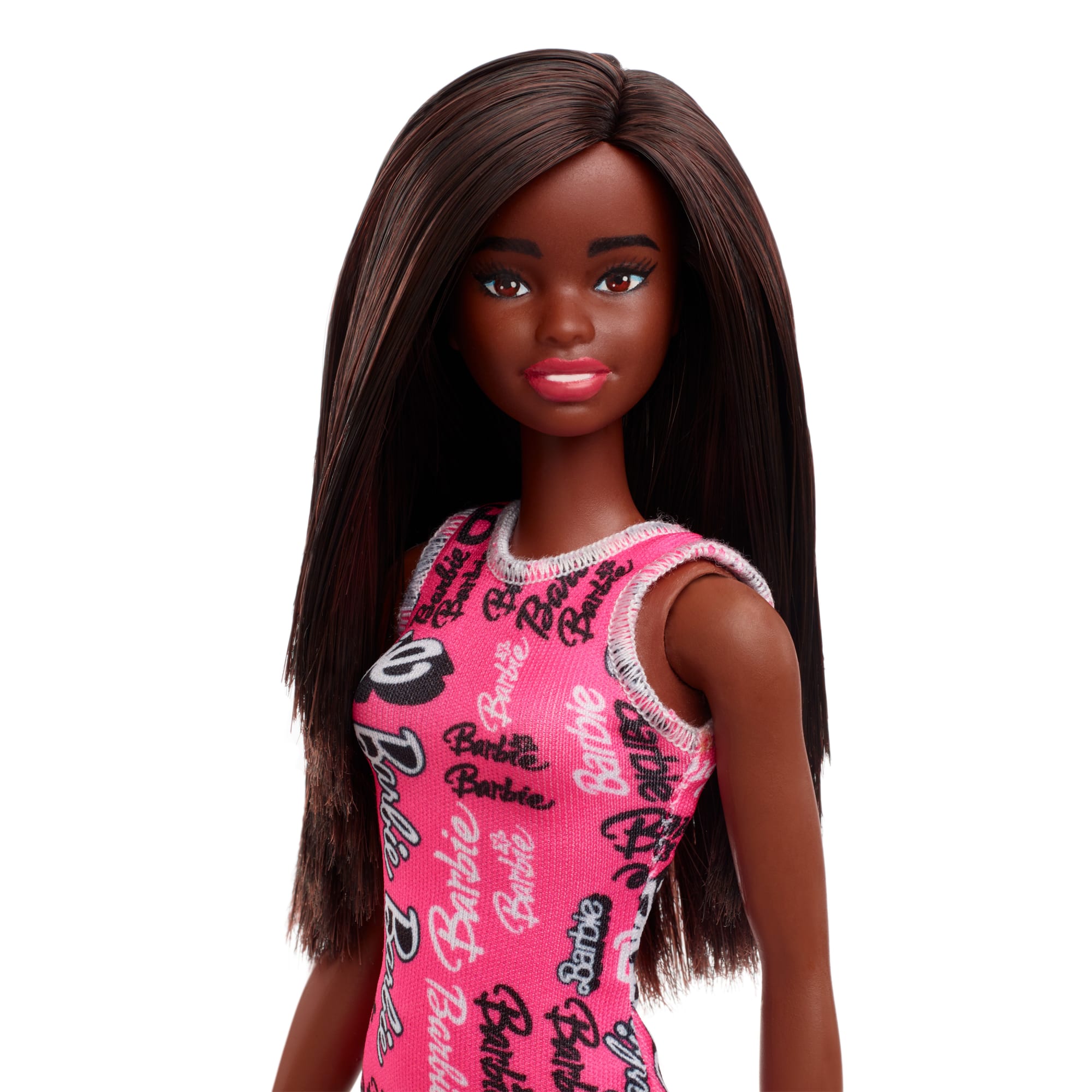 Barbie Poupée Mode Cheveux Noirs. Robe Rose à Logos. Chaussures - Image 2