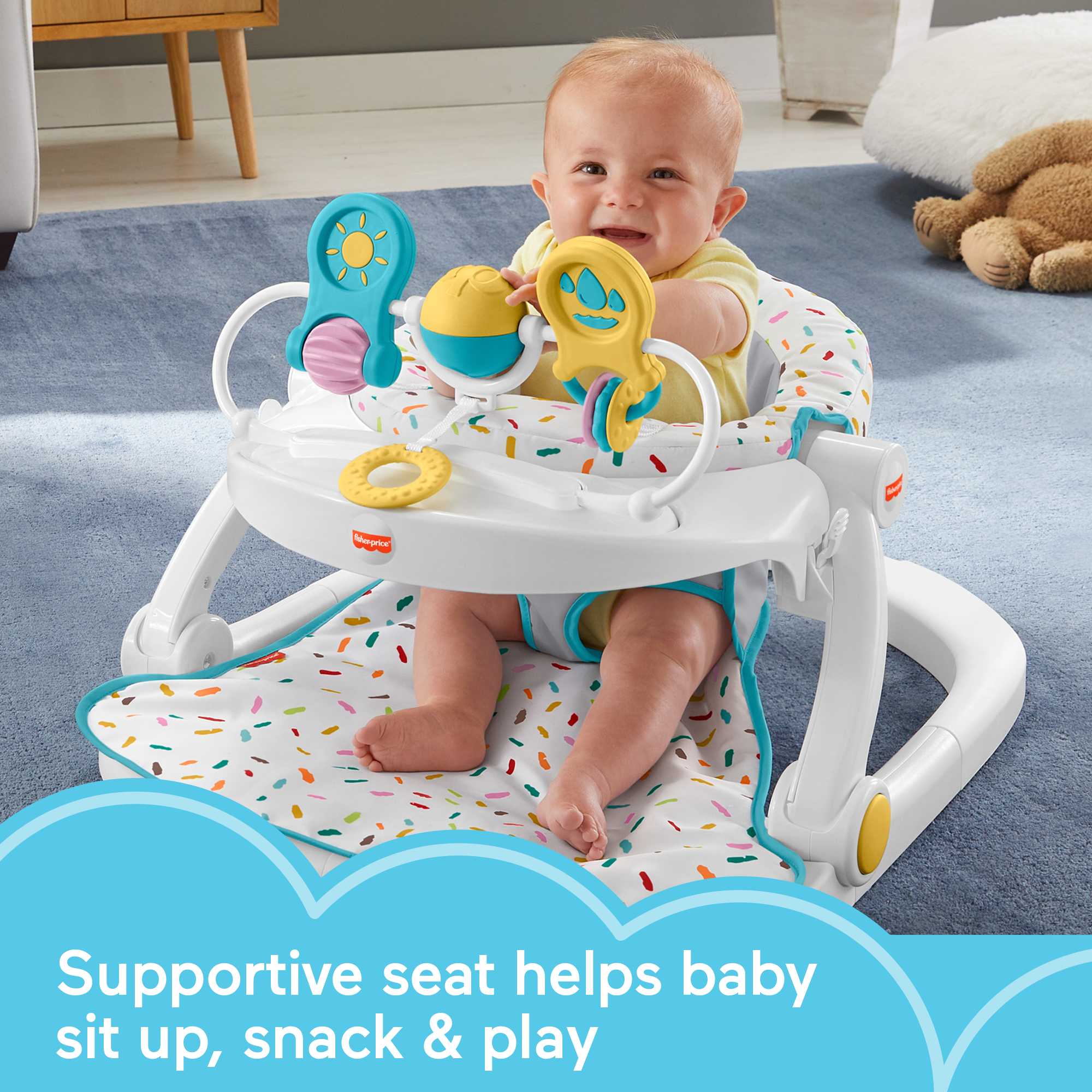Fisher-Price Deluxe Sit-Me-Up Floor Seat Portable Baby Chair With Toy Bar. Rainbow Sprinkles - Image 2