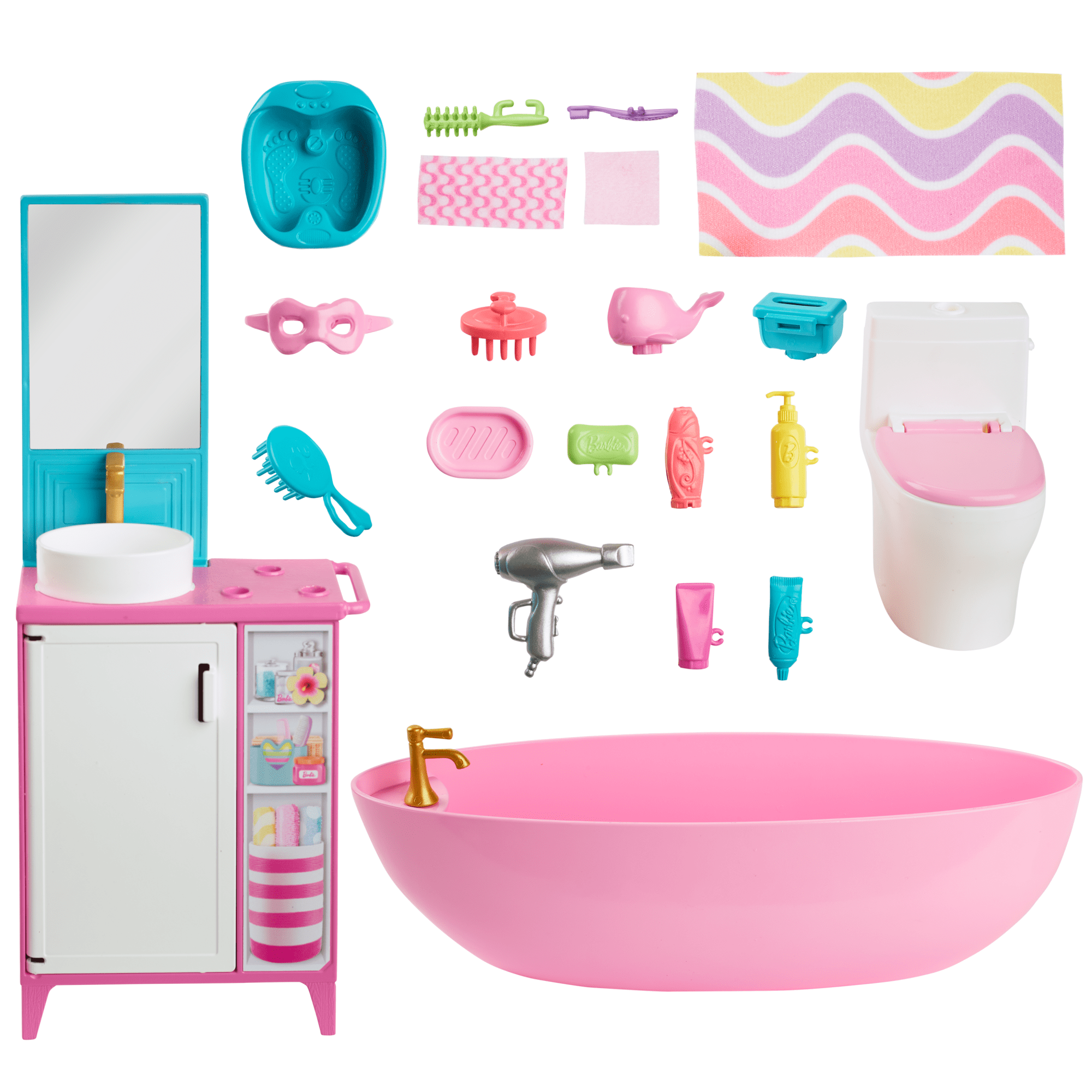 Barbie World Bathtime Toy Playset With 19 Dollhouse Accessories including Bathtub. Toilet. & Vanity - Image 5