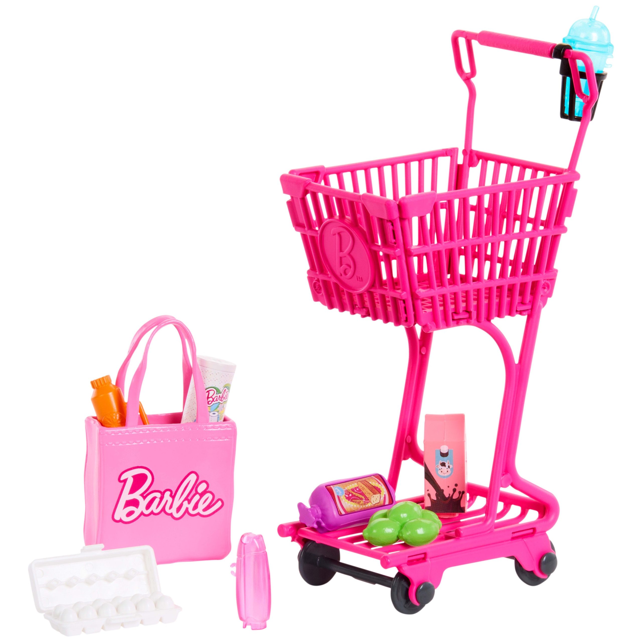 Barbie World Grocery Shopping Toy Set With 11 Doll Accessories Including Cart. Food. Bag. & More