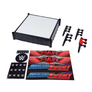 WWE Superstar Ring With Labels For Main EVent & Raw. Spring-Loaded With Elastic Ring Ropes