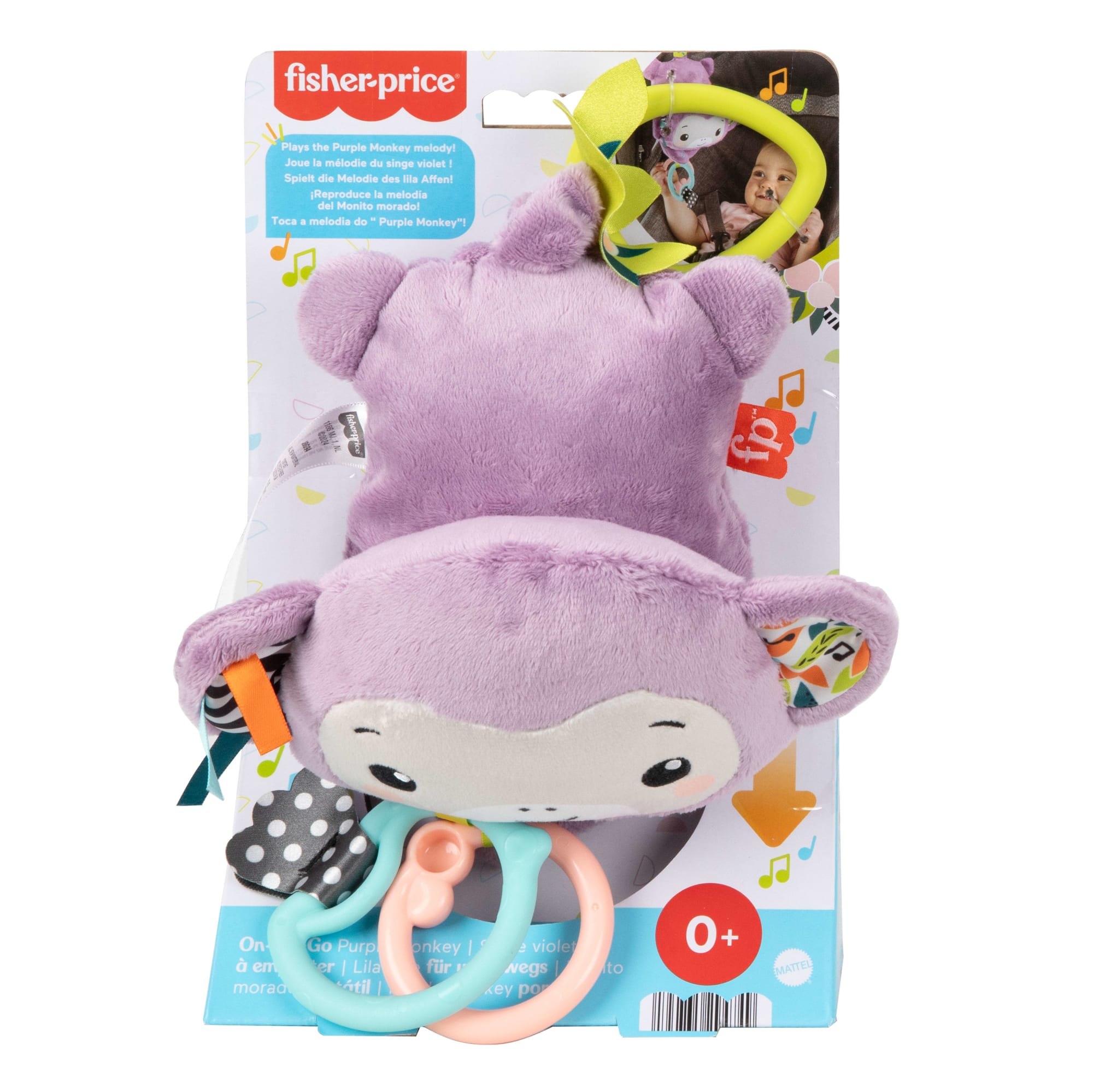 Fisher-Price On-The-Go Purple Monkey Plush Baby Stroller Sensory Toy For Newborns - Image 5