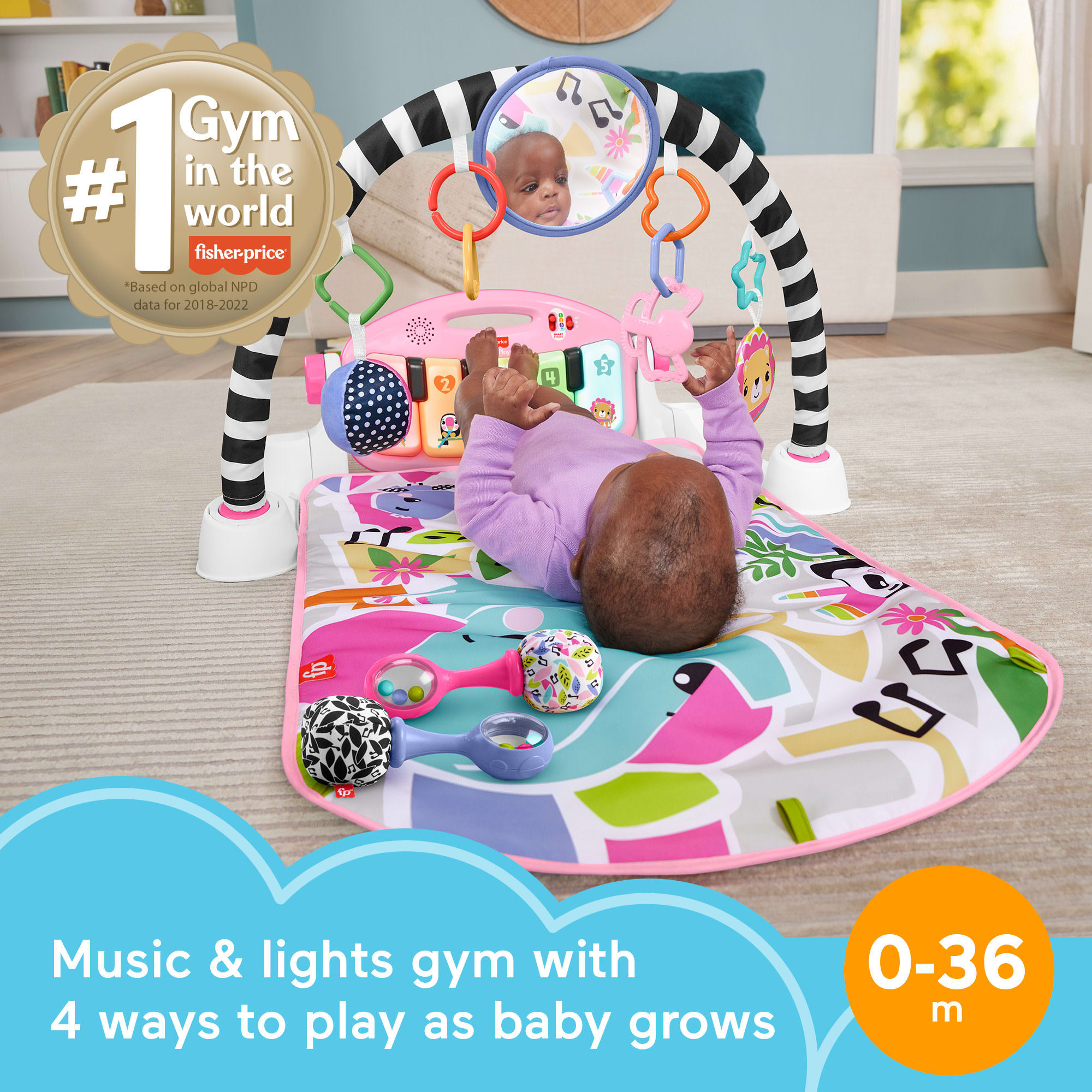 Fisher-Price Glow And Grow Kick & Play Piano Gym Baby Learning Toy With 2 Maracas. Pink - Image 2